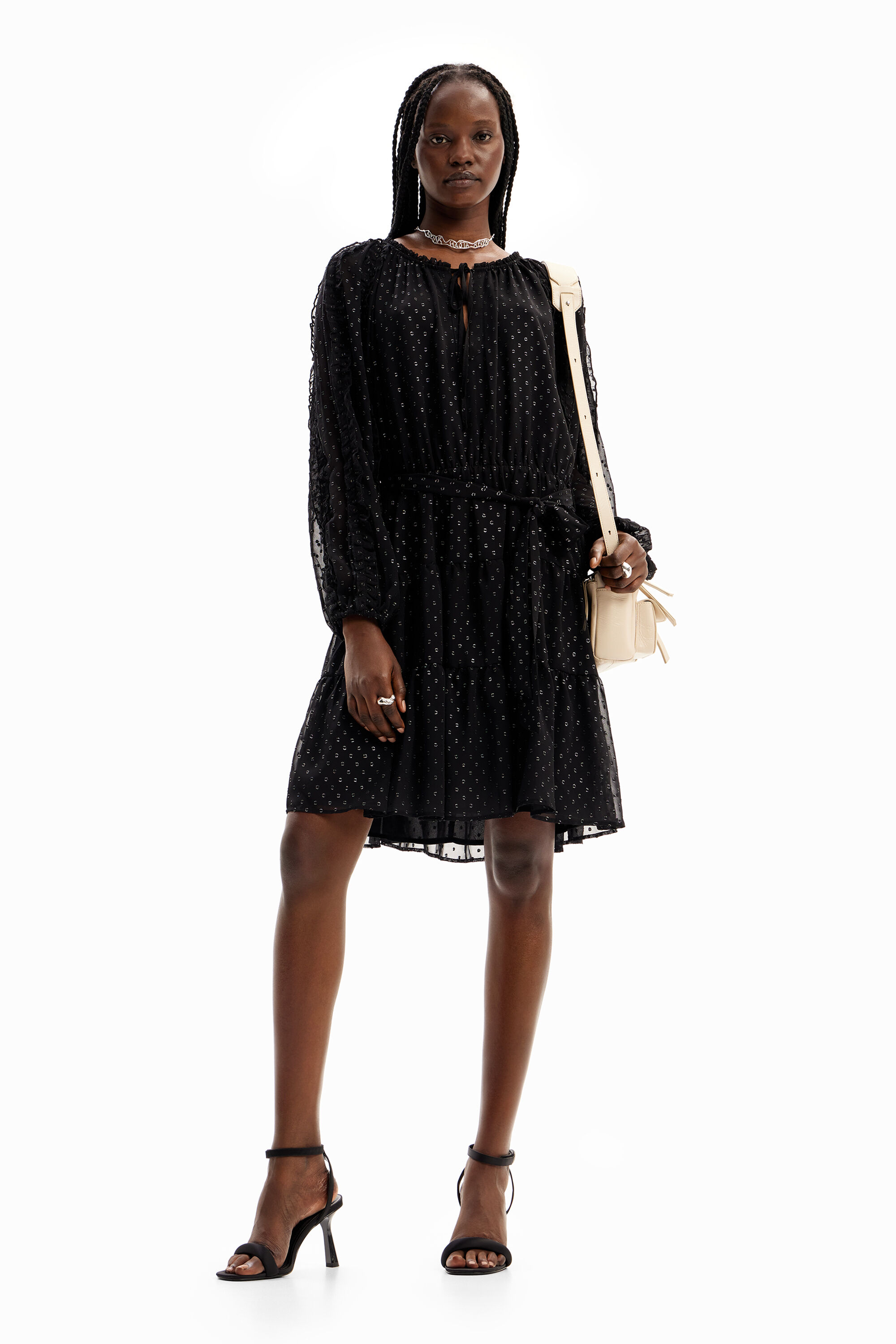 Short plumeti chiffon dress - BLACK - S