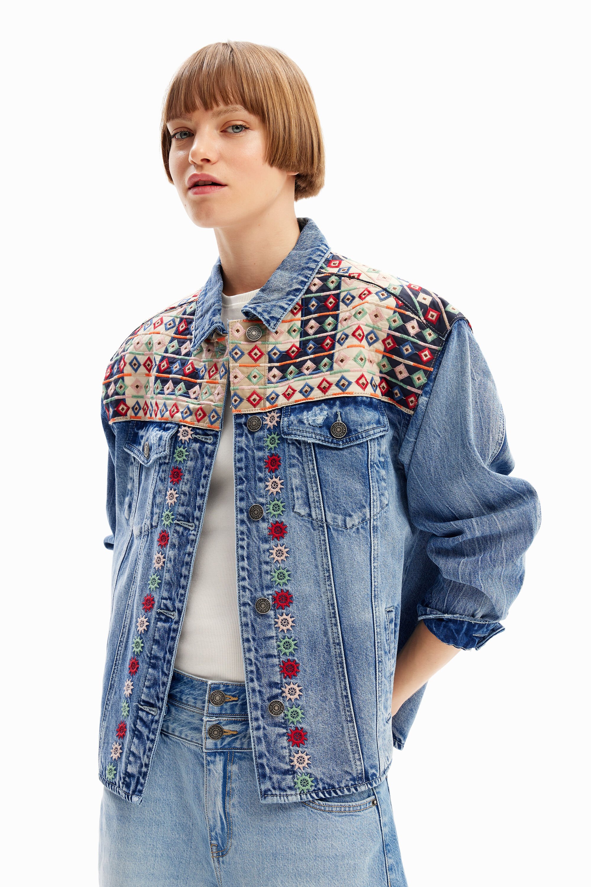 Embroidered denim trucker jacket - BLUE - S