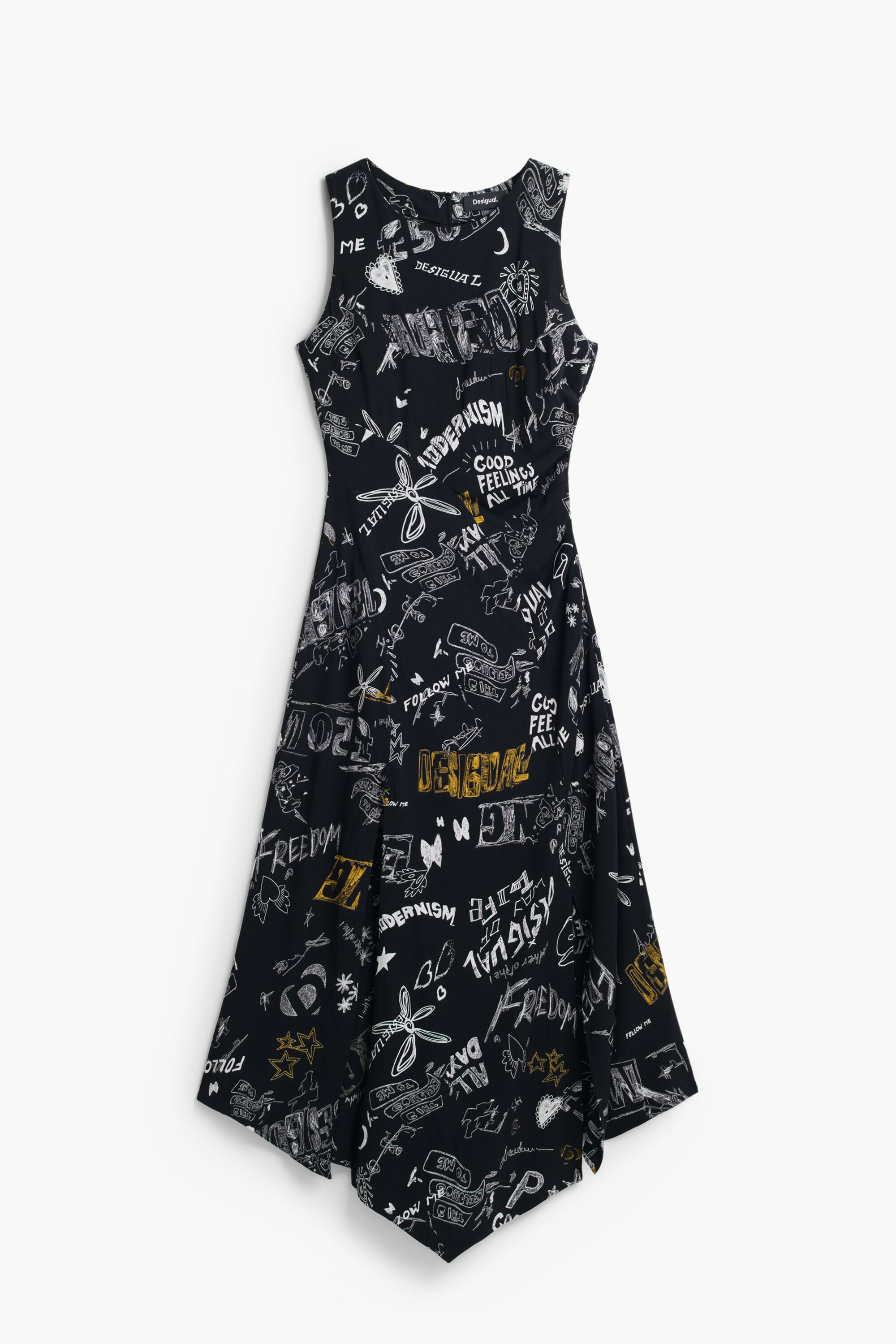 Desigual, Graffiti midi dress, Viscose, Black, XS