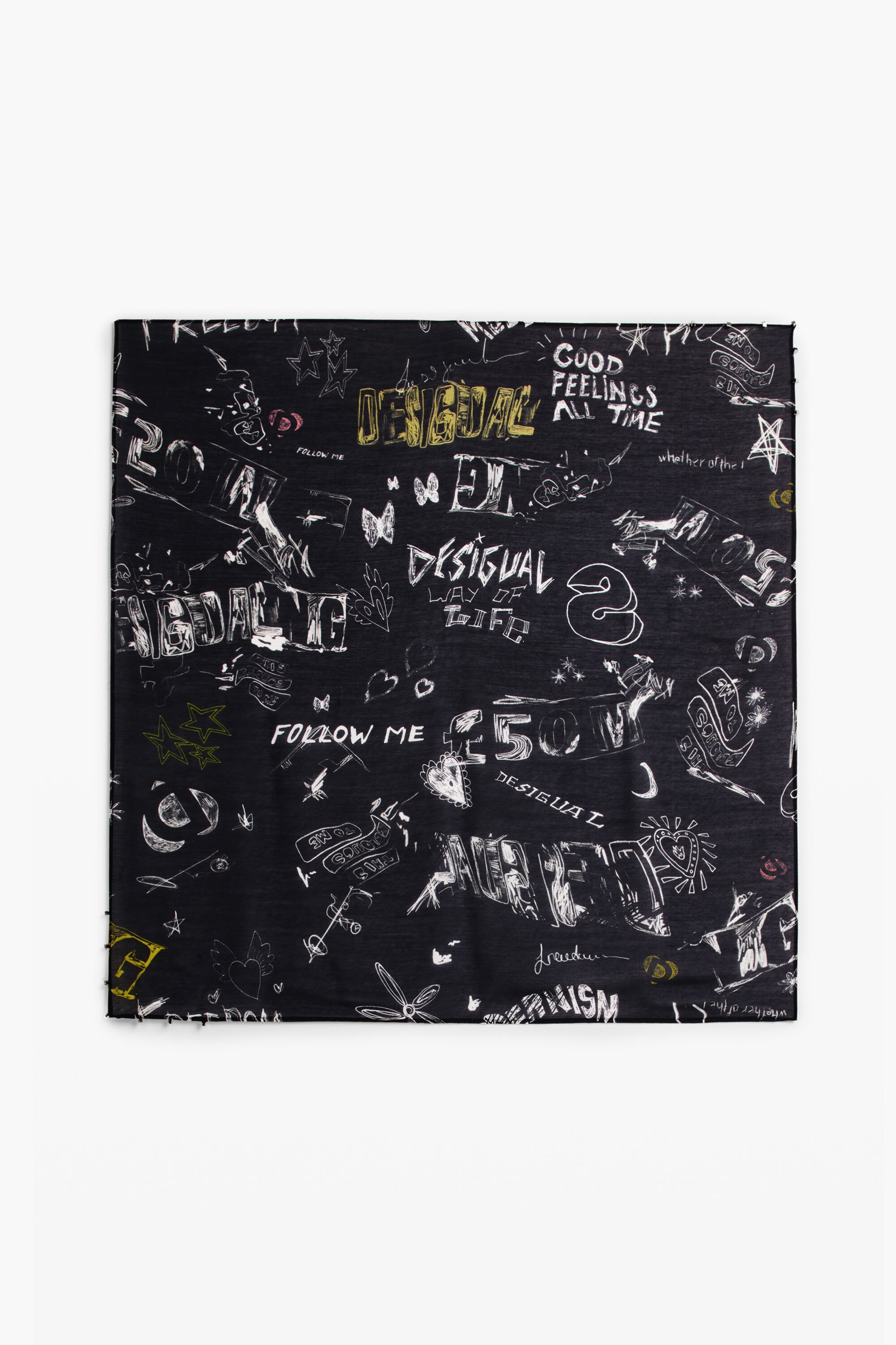 Desigual Vierkante sjaal met lettering - BLACK