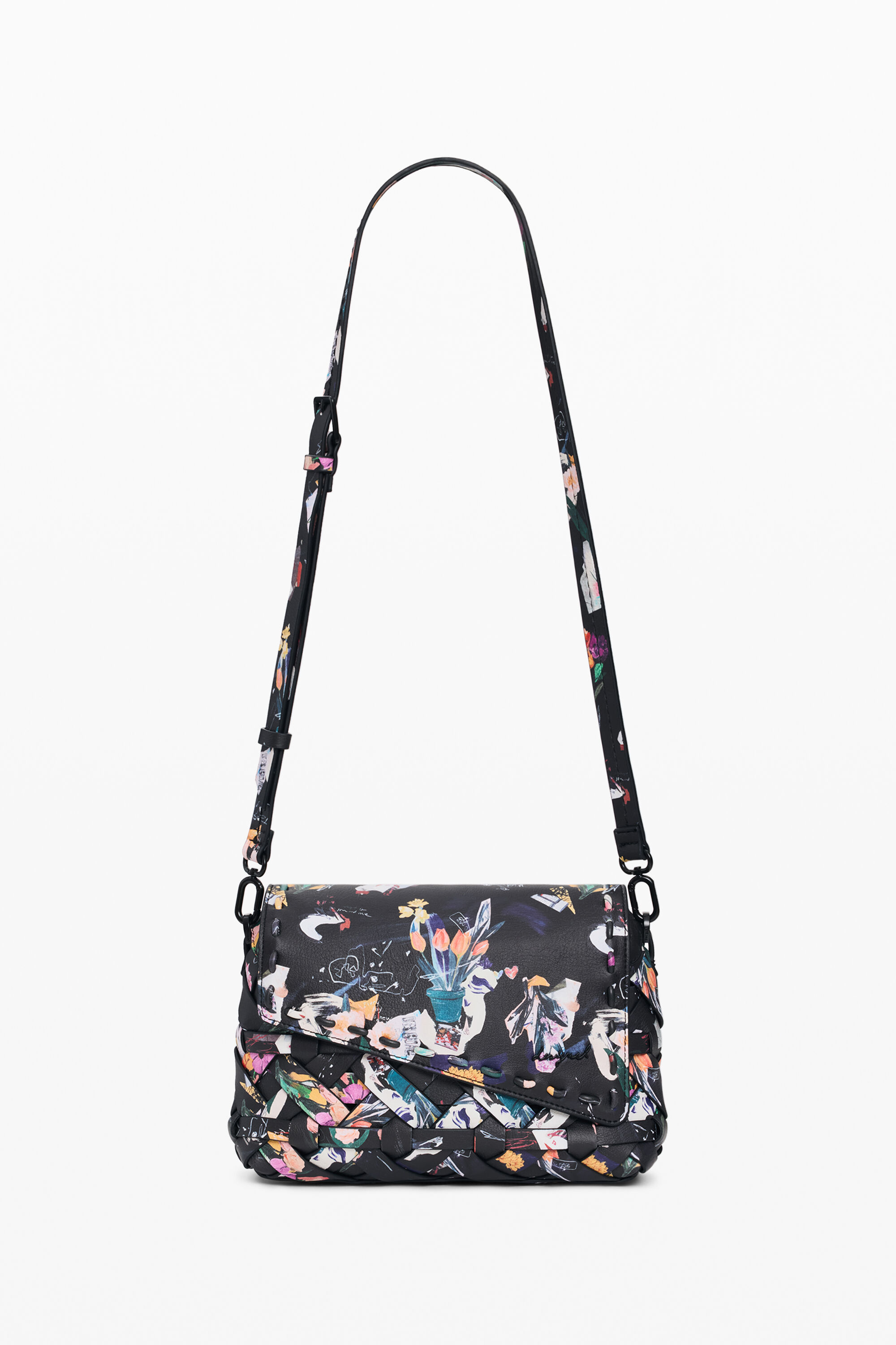 Desigual, Kleine geflochtene Tasche mit Blumenmuster, Damen, Polyurethan, Schwarz, U