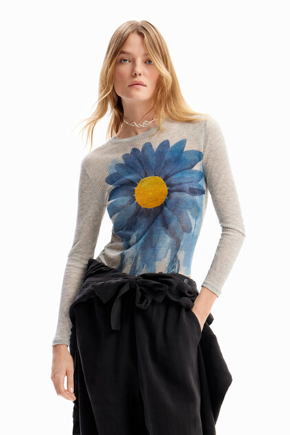 Ribbed high neck daisy T-shirt