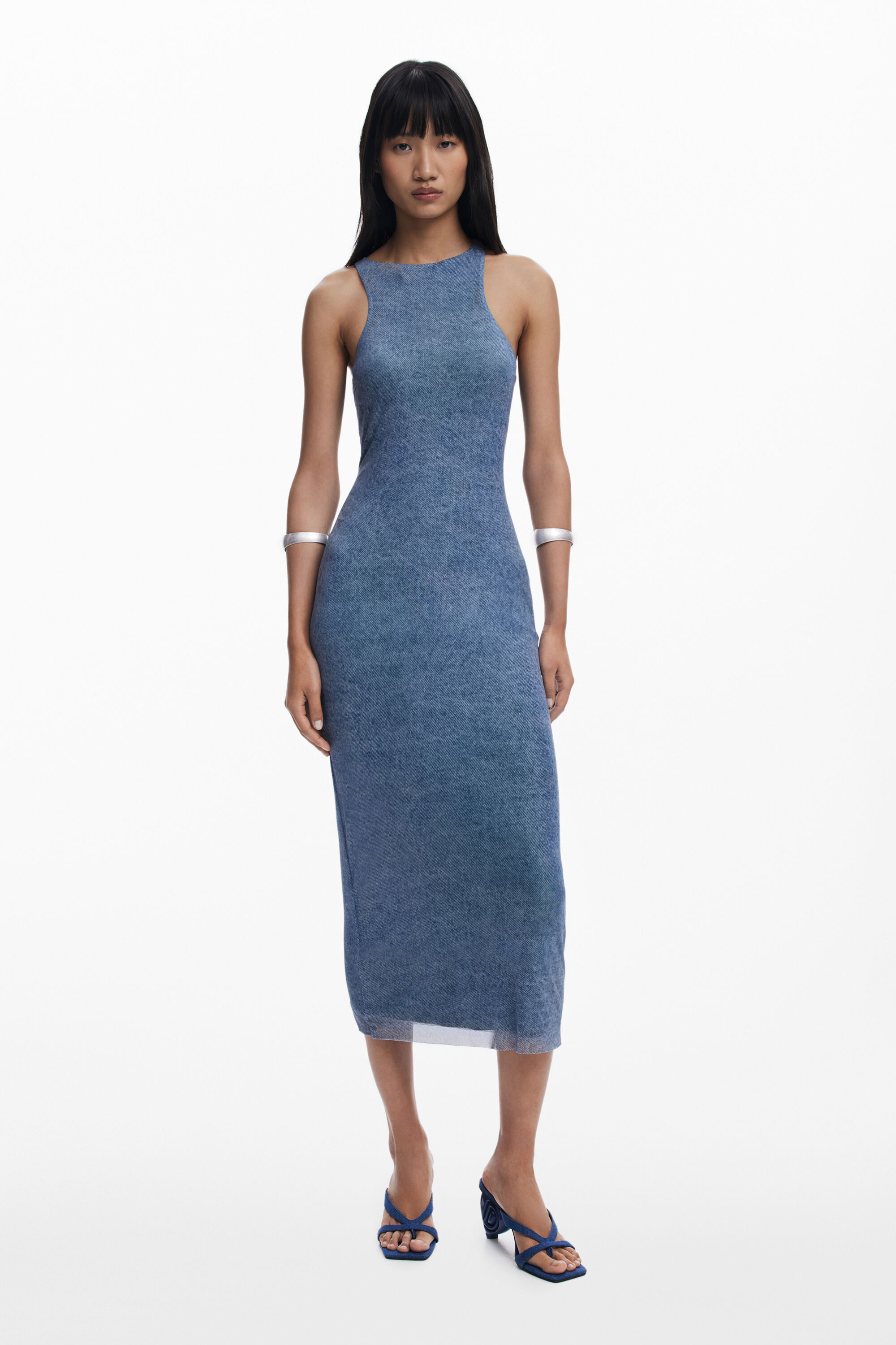 Desigual Knot Fitted Midi Dress In Blue