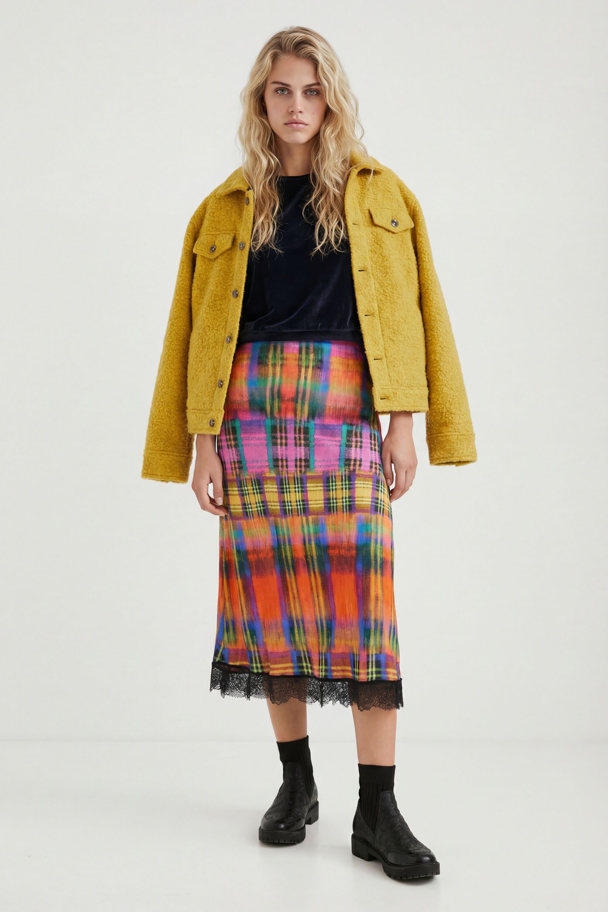 Desigual, Midi-Rock im Slim Fit Tartan, Viskose, L