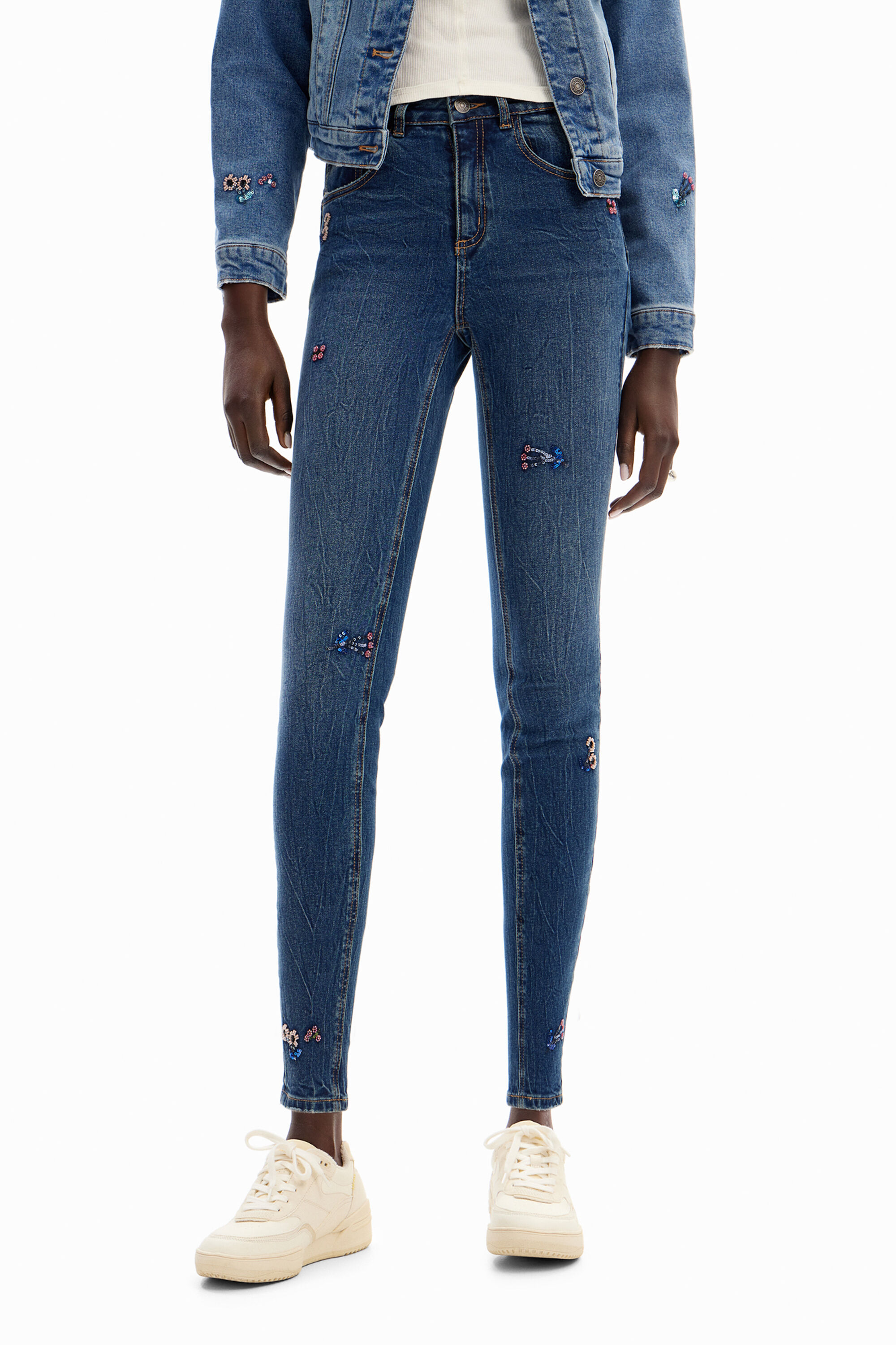 Slim beaded floral jeans
