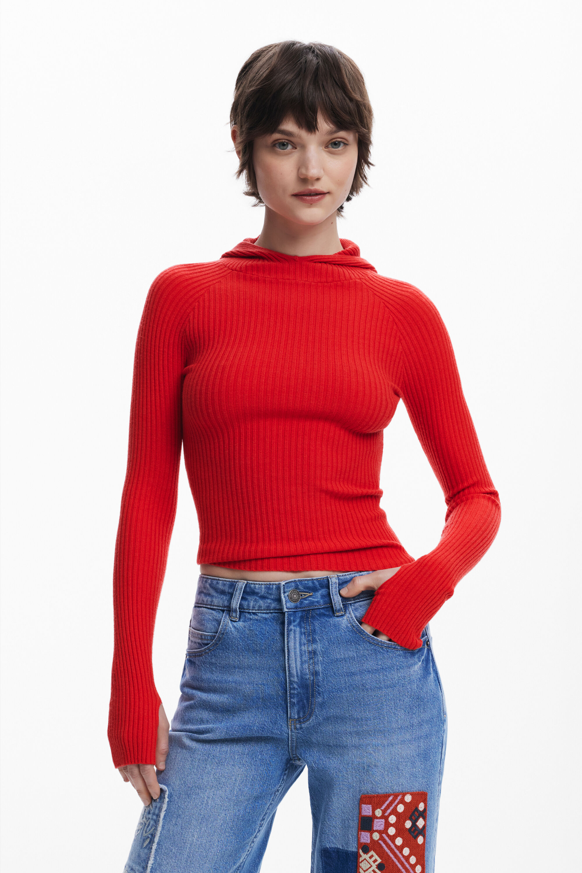 Desigual Embroidered Patch Crop Straight Leg Jeans In Blue