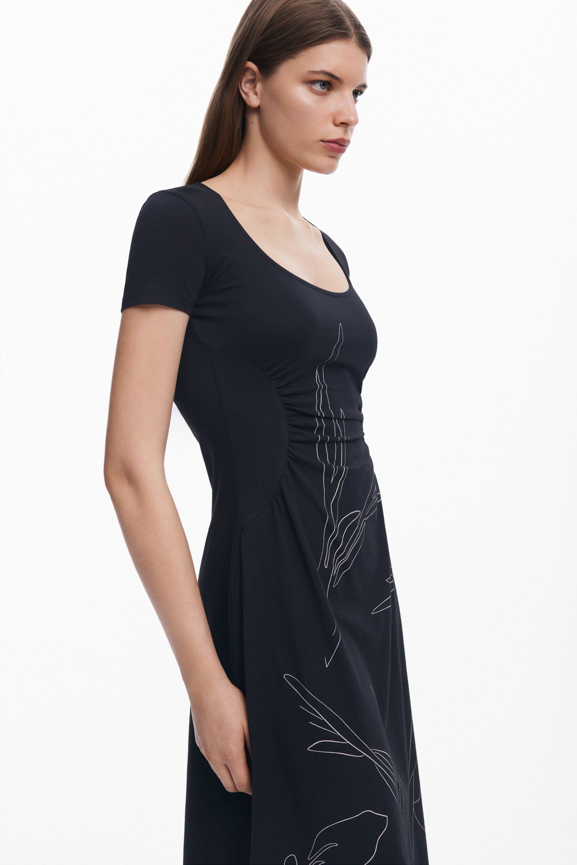Desigual Midi Dress With Floral Silhouettes In Black