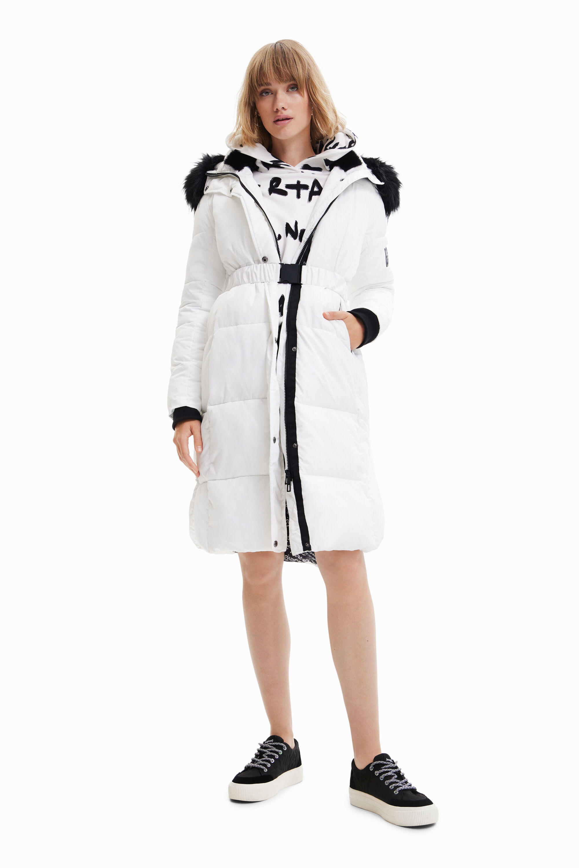 Long padded coat with belt - WHITE - XS