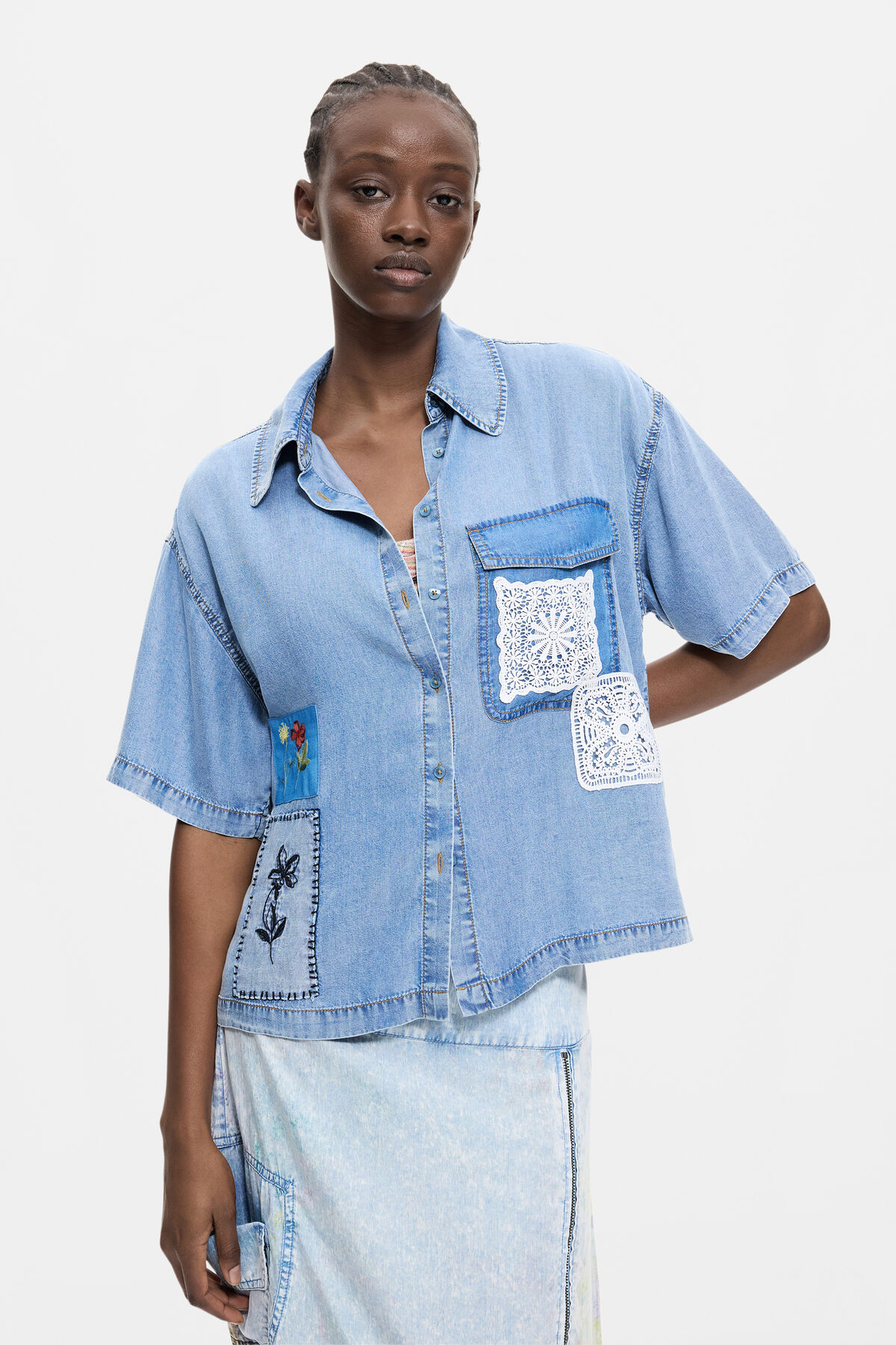 パッチワークリヨセルシャツ 青 女性用 I Desigual.com