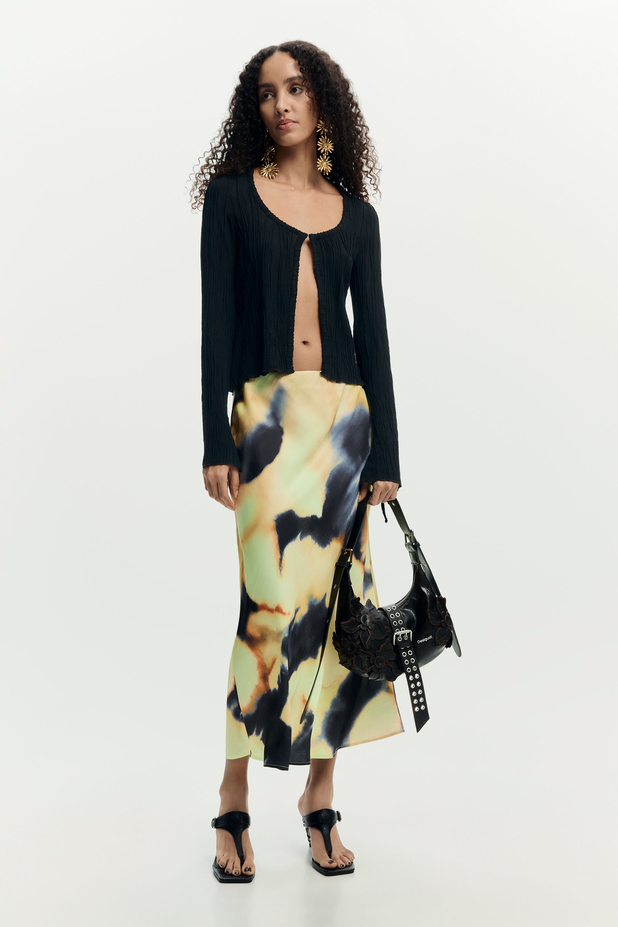 Desigual Donna Nero Gonna Midi Stampata Extra Piccolo