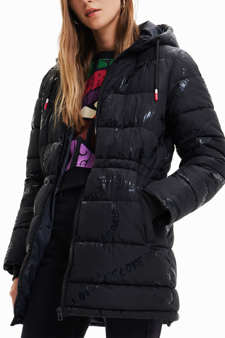 Padded long coat with text | Desigual