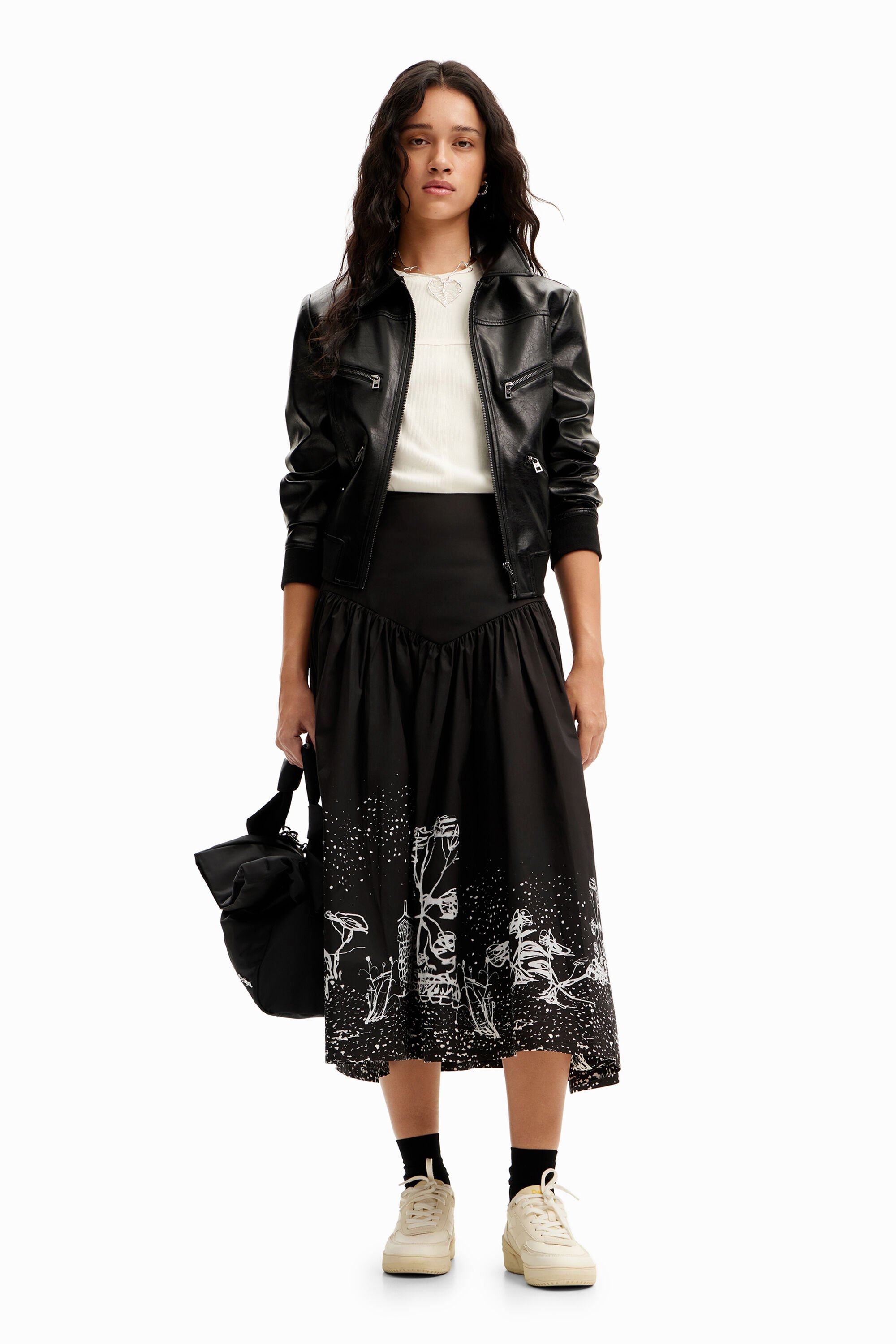 Desigual Poplin Landscape Midi Skirt In Black