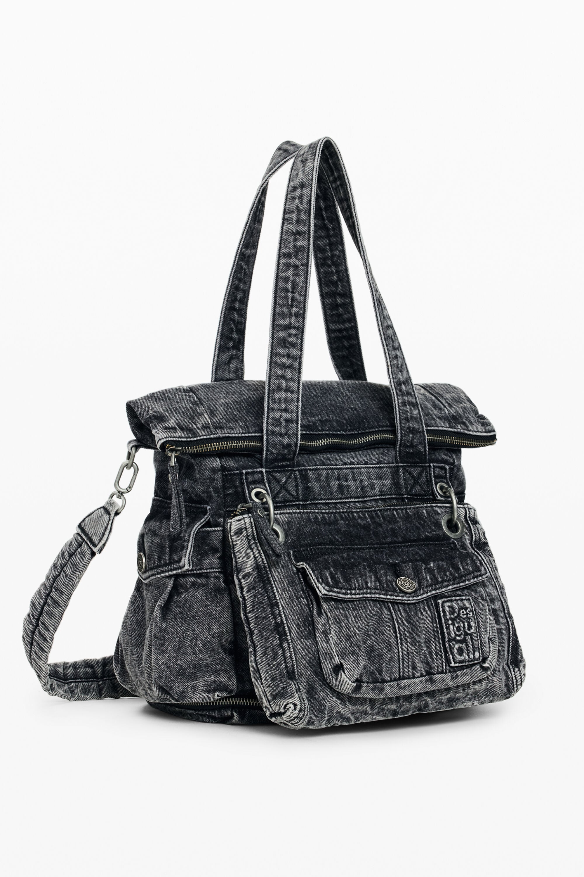 mochila multiposición grande denim, Negro, U