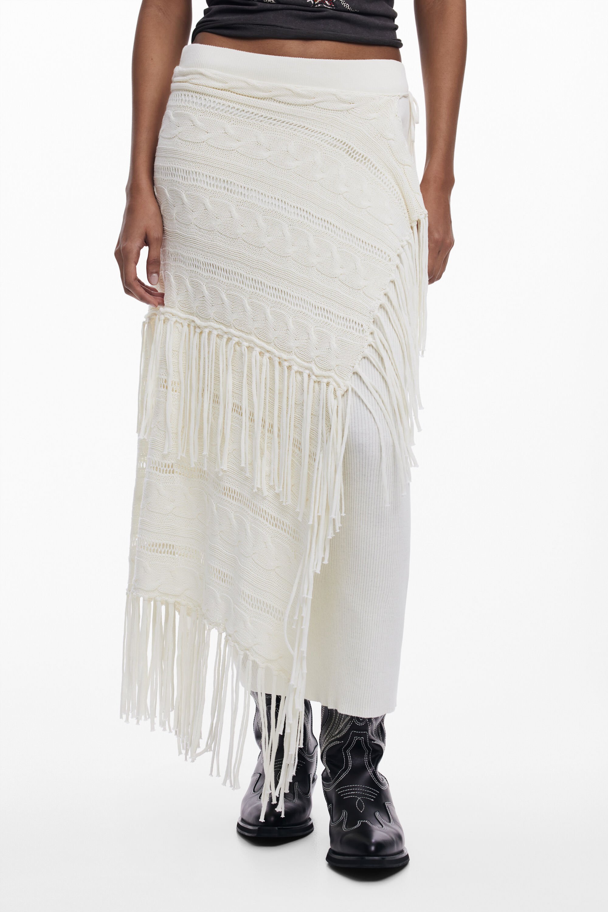 Desigual Mixed Stitch Fringe Maxi Skirt In Material Finishes