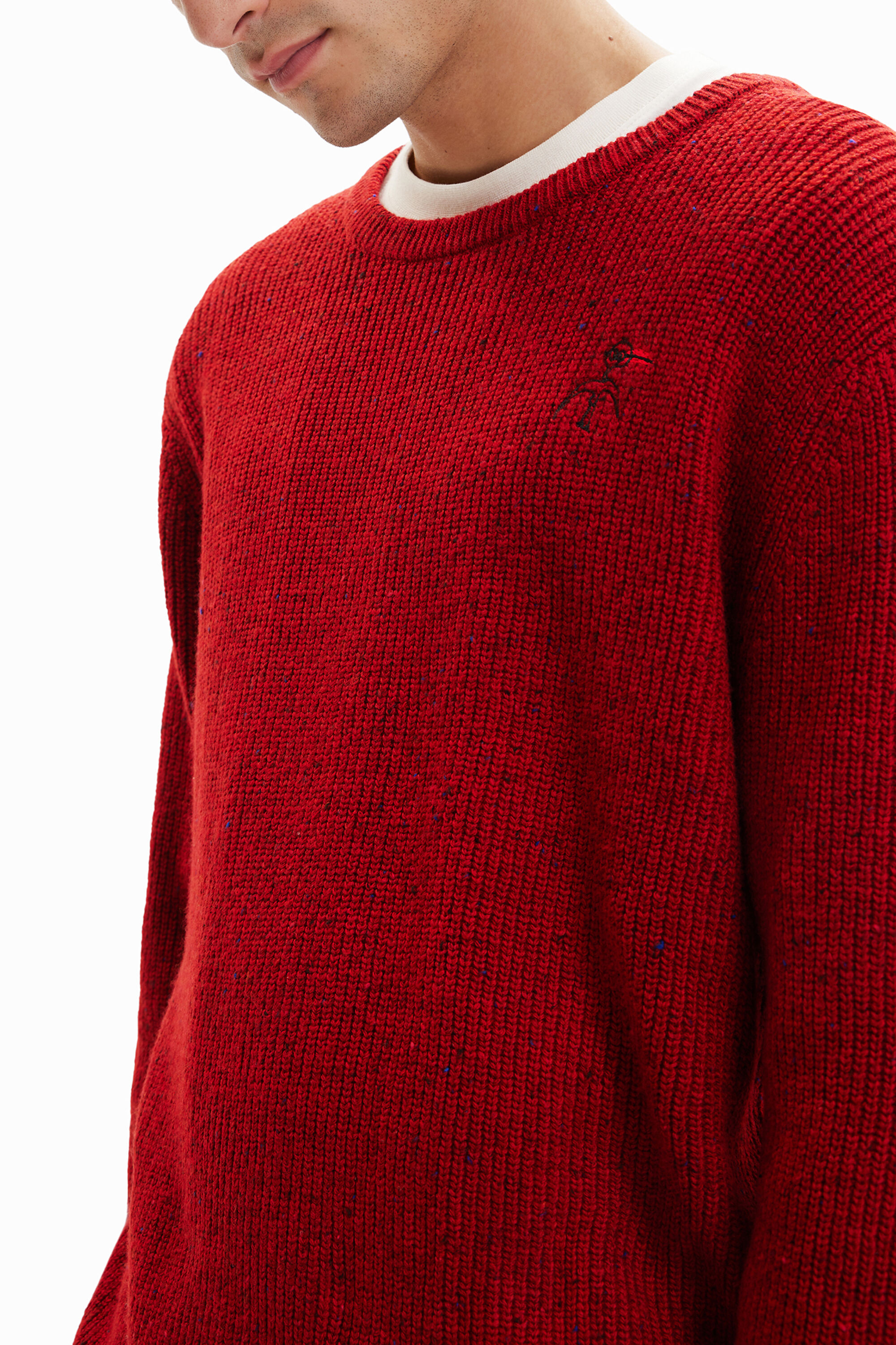 Desigual Embroidered Ribbed Pullover In Red