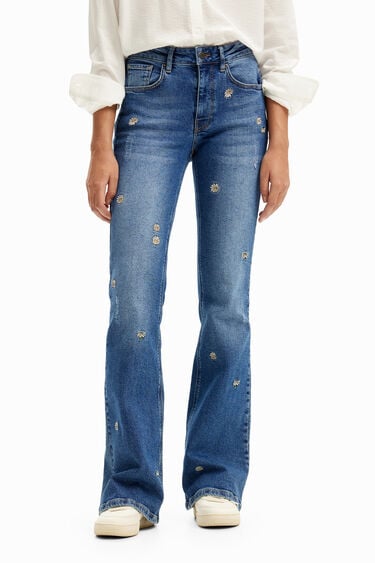 Zvončaste jeans hlače z marjeticami | Desigual