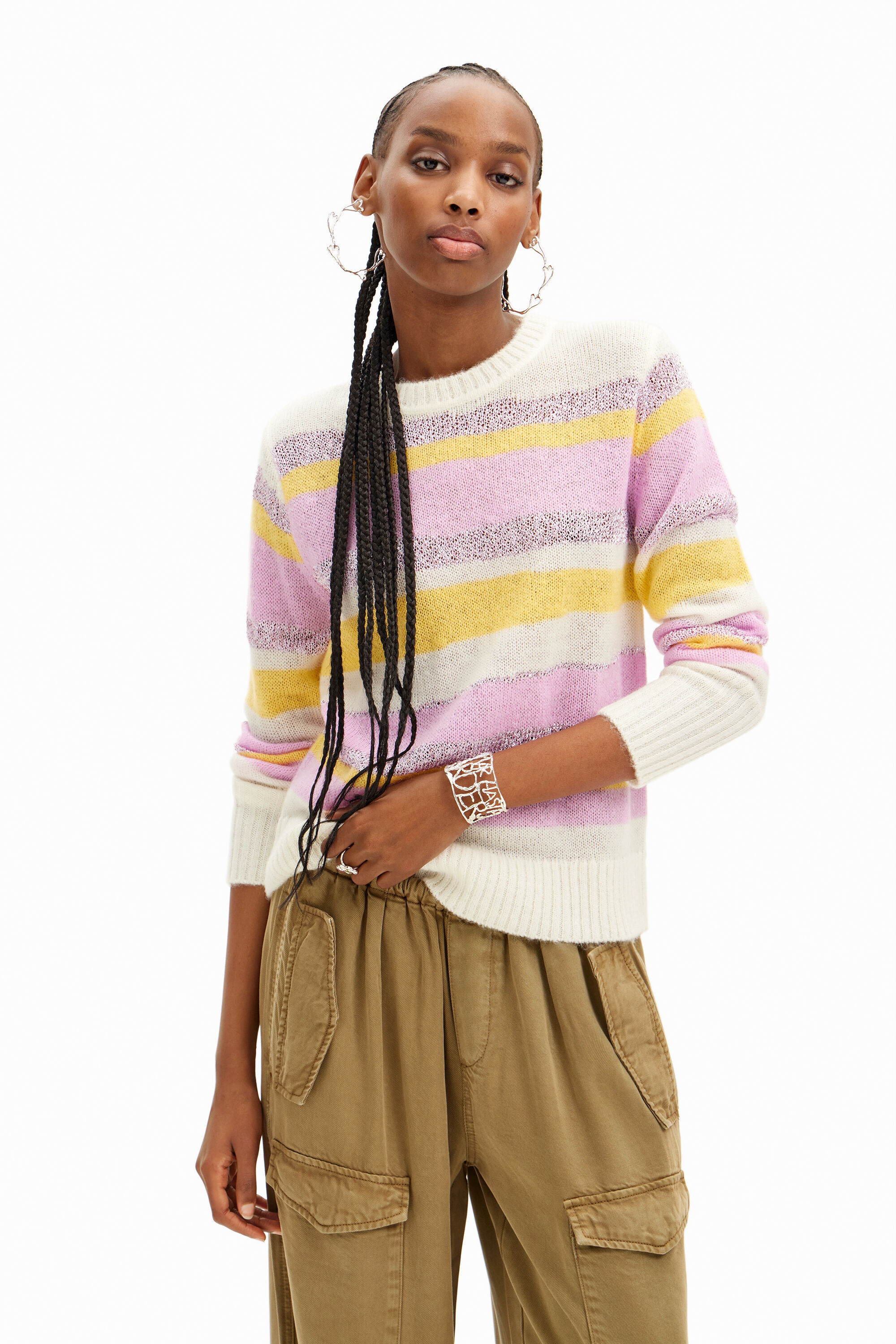 Striped knit pullover - WHITE - M