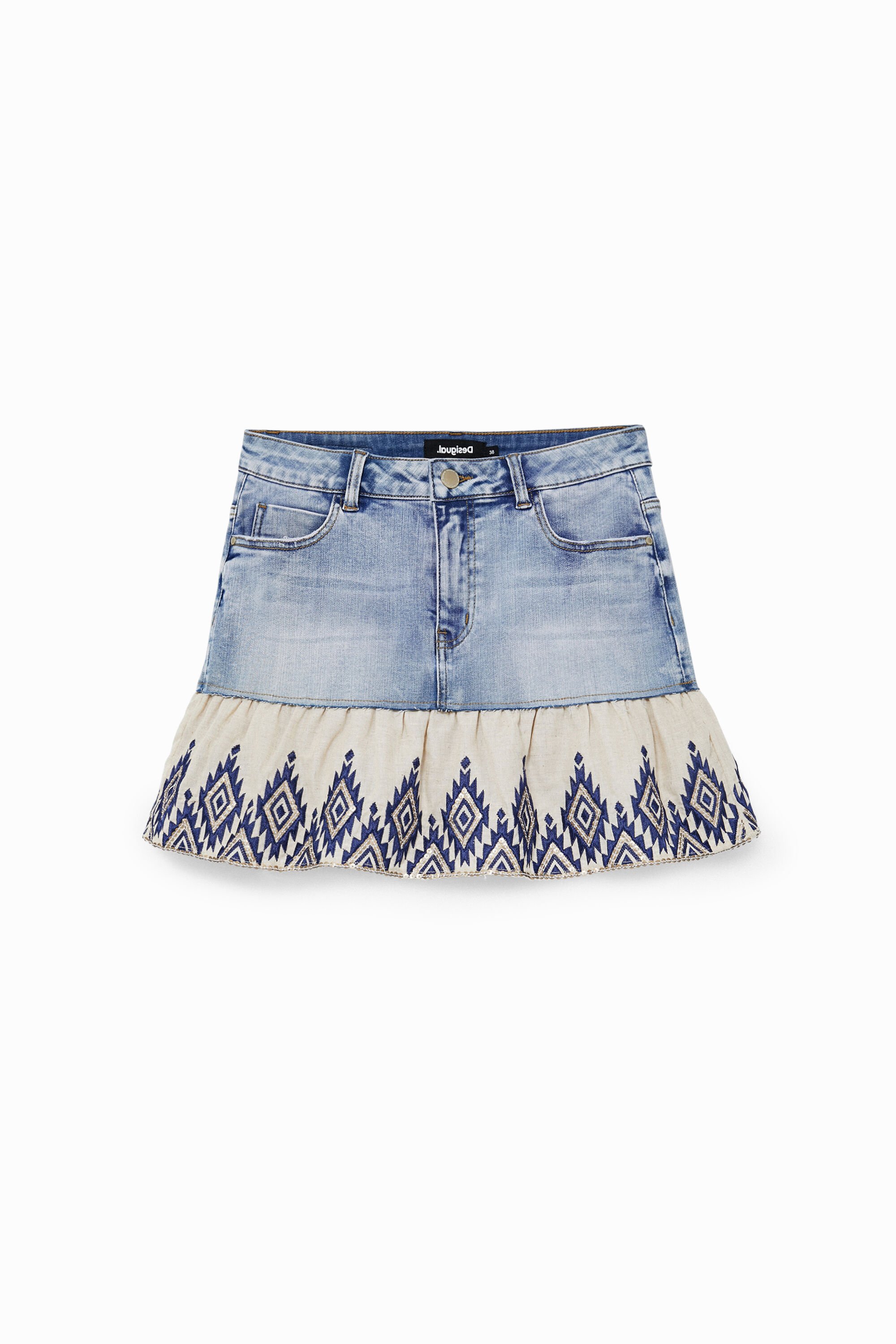 Jeans-Minirock mit Patch und Volants