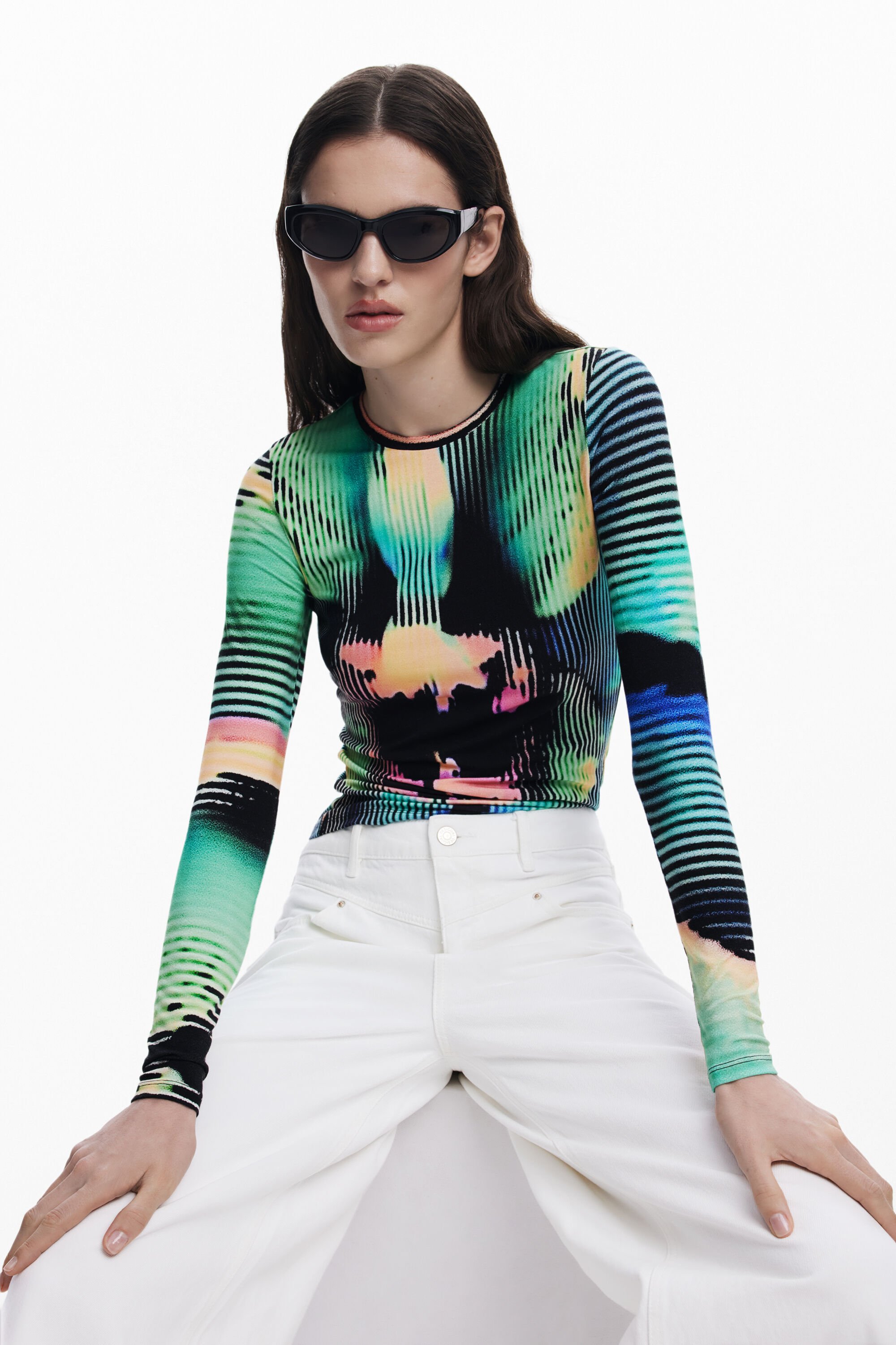 Desigual Long-sleeve Striped T-shirt In Green