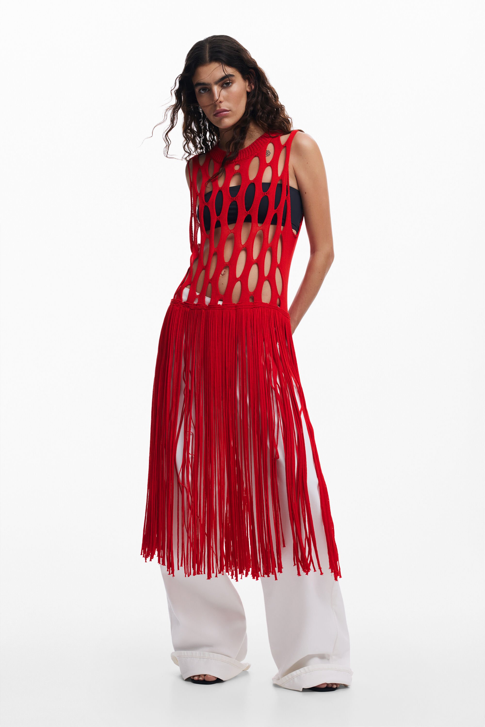 Desigual Women s Fringed Viscose Mesh Tank Top Red Sleeveless Tops