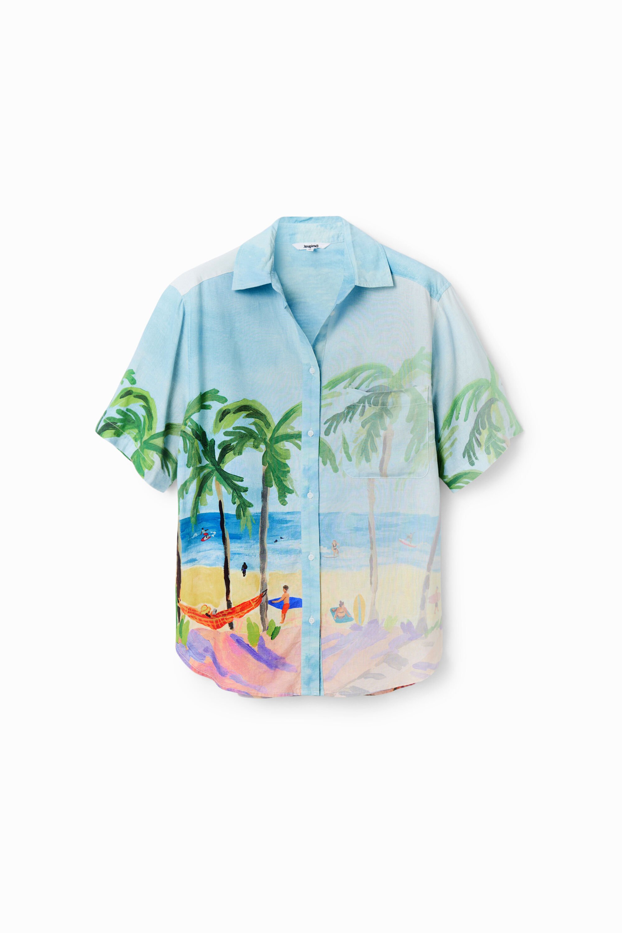 Desigual Oversize Tropical Linen Shirt In Blue