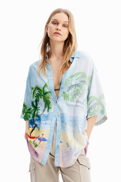 Oversize lanena srajca v tropskem stilu