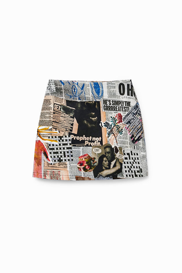 Mini-jupe ajustée avec collage de journaux