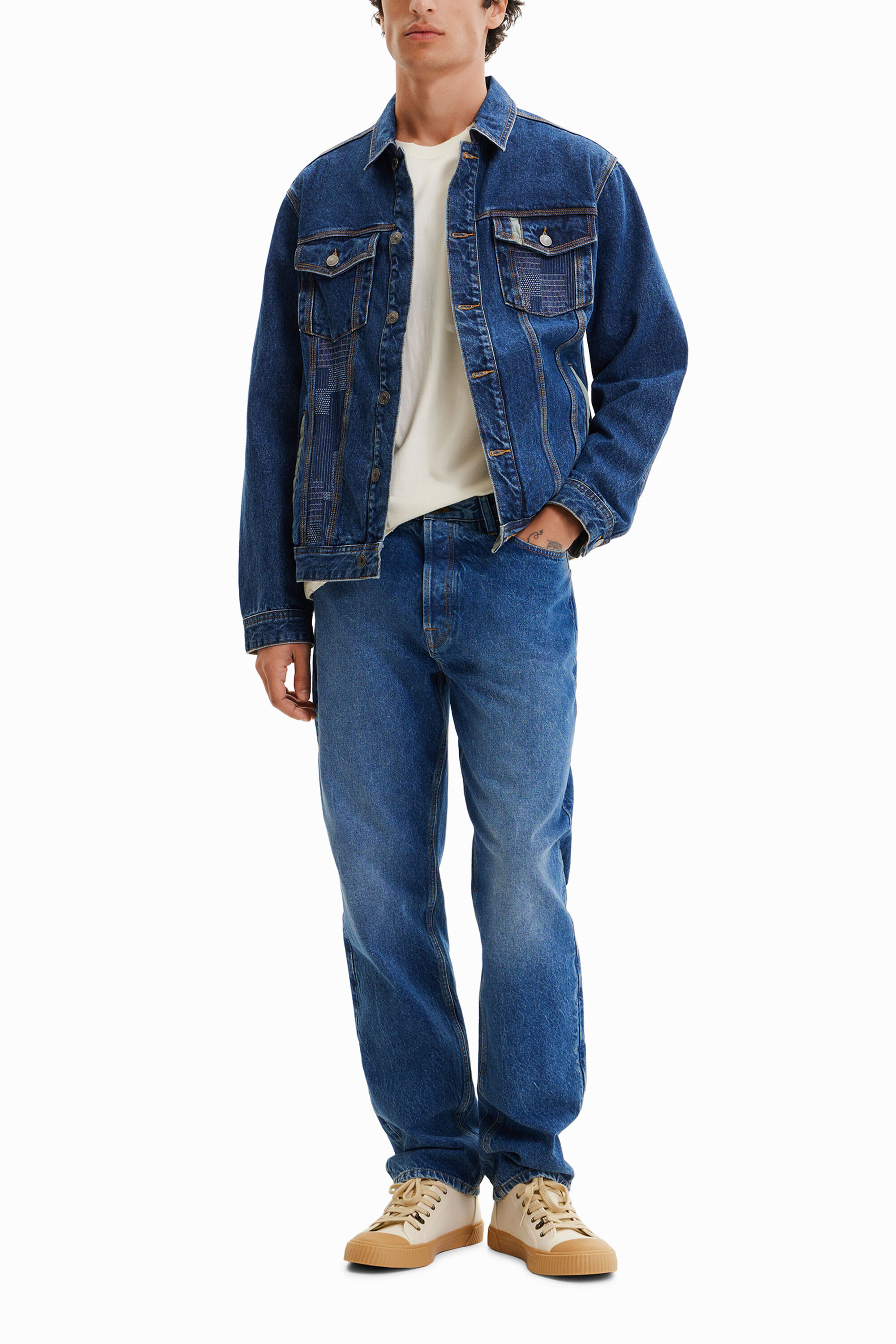 Shop Desigual Patchwork Denim Trucker Jacket In Blue