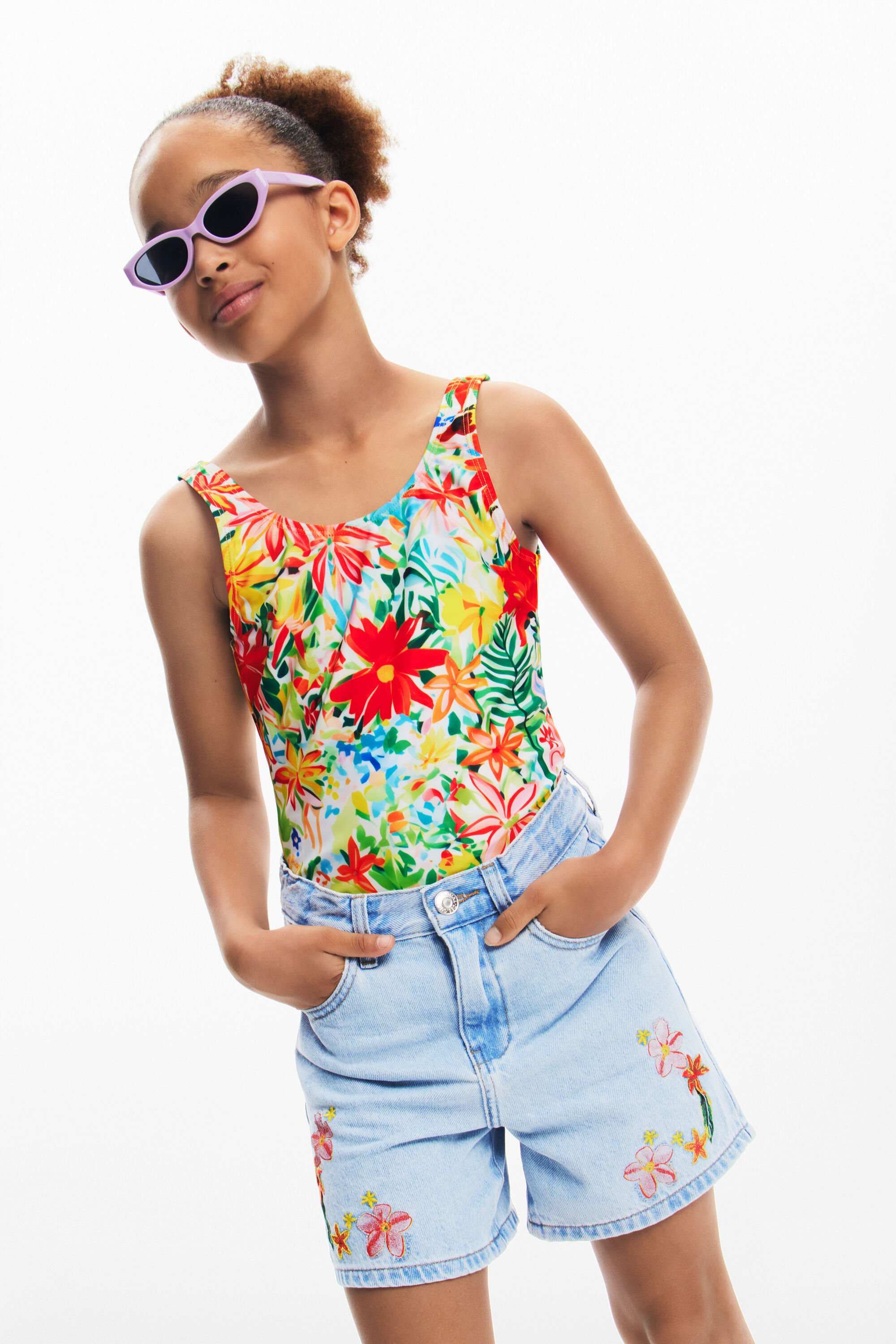 Printed denim pants