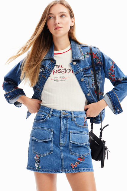 Floral denim mini skirt