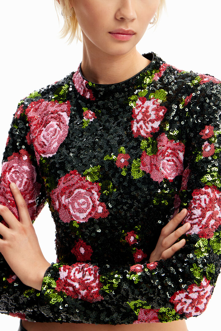 Blusa cropped rosas lentejuelas M. Christian Lacroix | Desigual