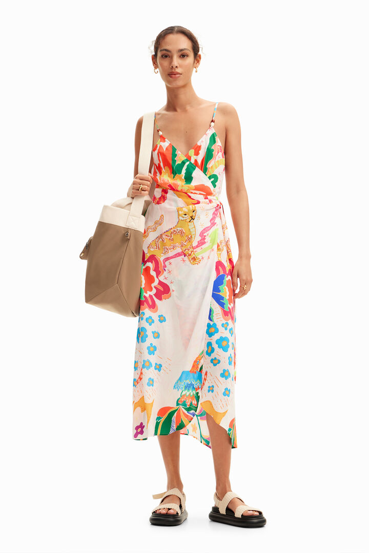 Vestido midi cruzado dibujos jungla | Desigual