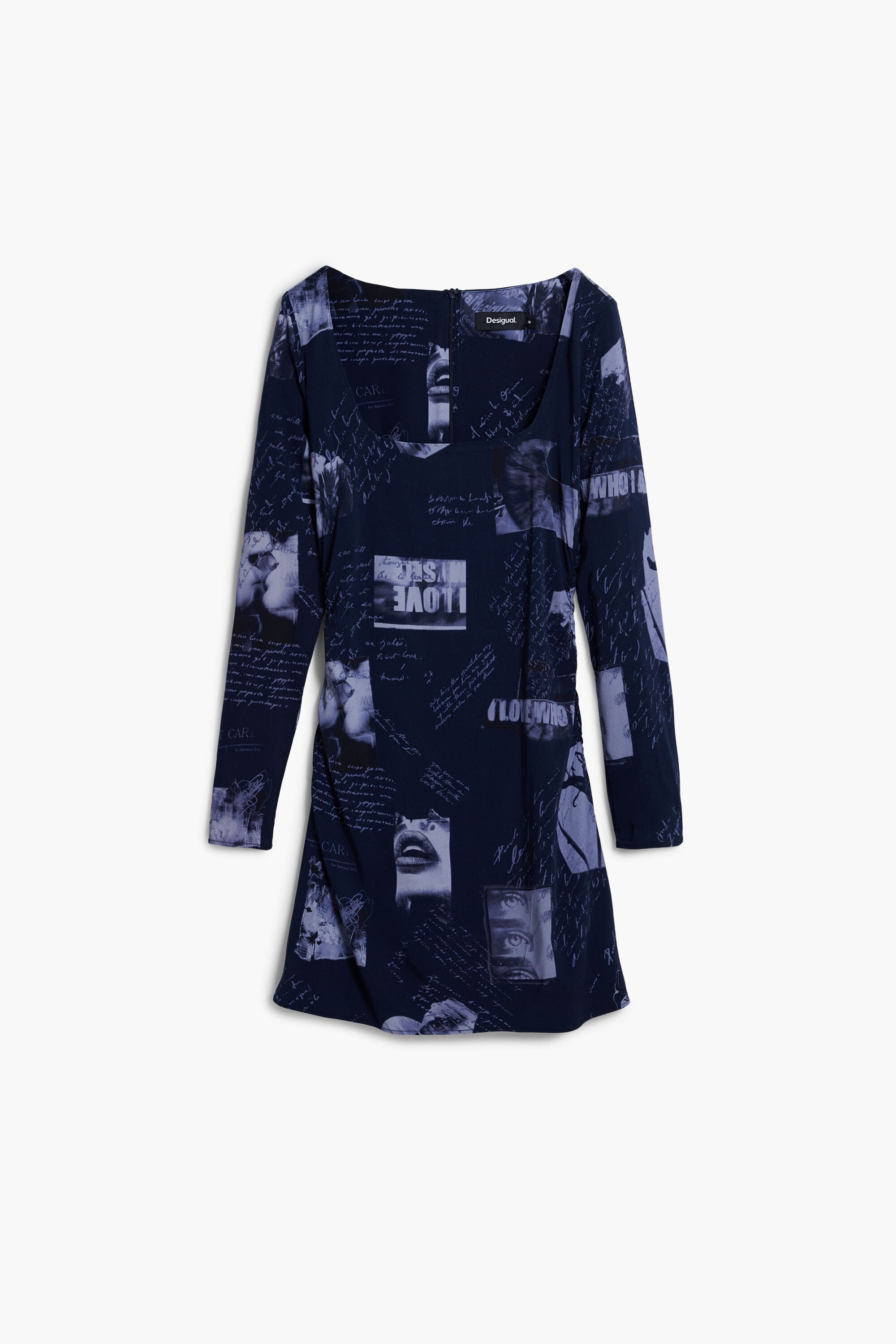 Desigual, Jurk met vierkante halslijn en postzegelprint, Dames, Viscose, Blauw, XL