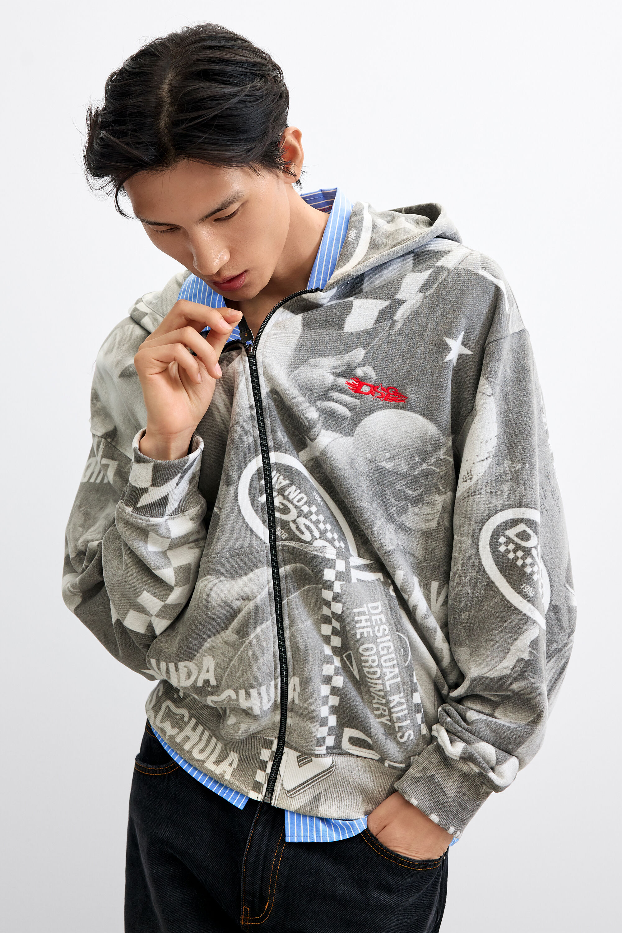 Desigual, Sudadera estampada, Hombre, Algodon, Negro