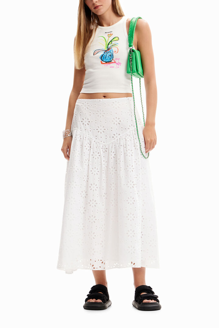 Falda midi bordado suizo | Desigual