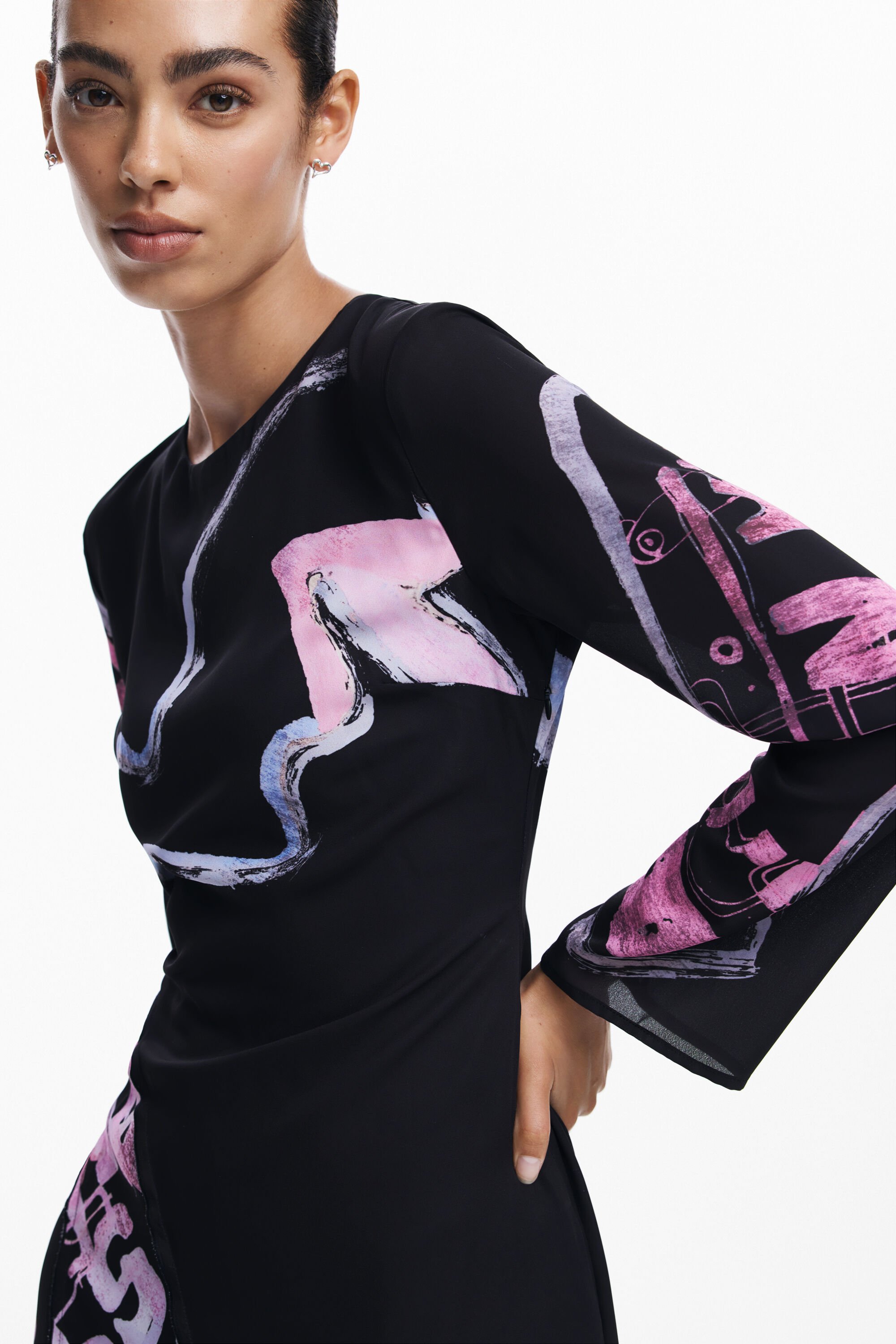 Desigual Dangerbla Abstract Print Long Sleeve Asymmetric Hem Dress In Black