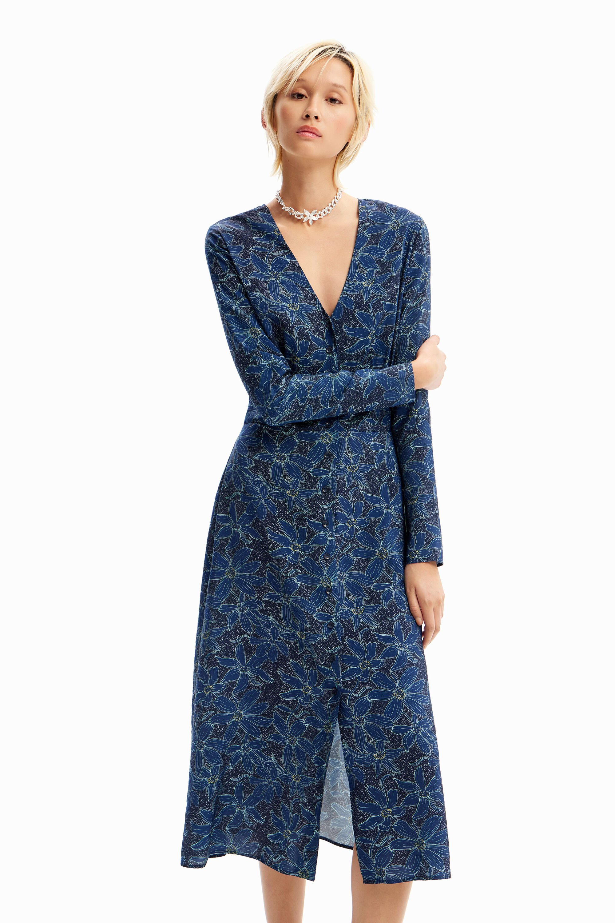 Floral midi shirt dress - BLUE - M