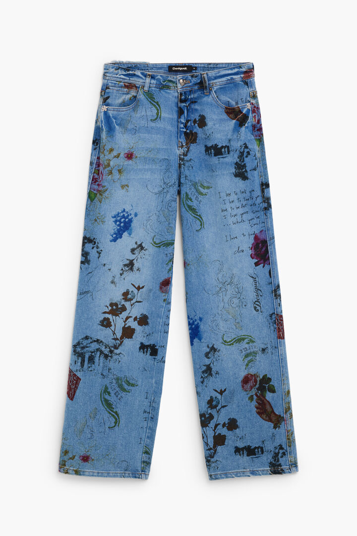 Pantalon jean droit imprim&eacute;