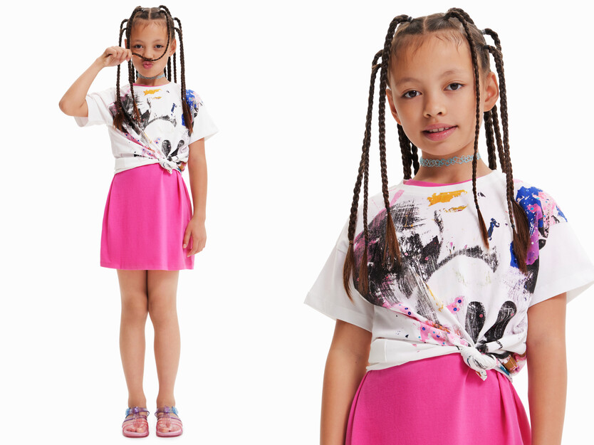 T-shirt met verfspatten en Mickey Mouse