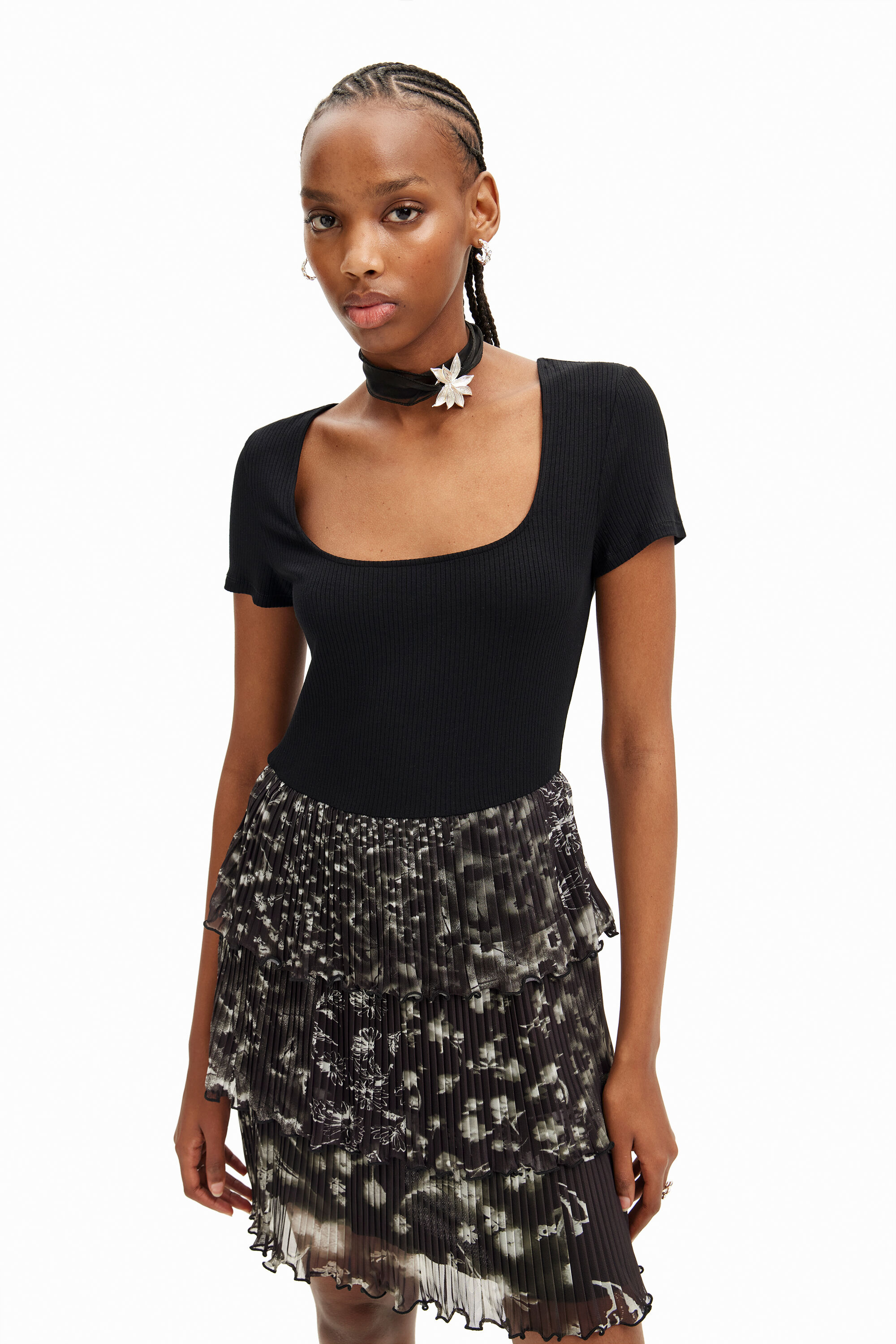 Shop Desigual Pleated Combination Mini Dress In Black