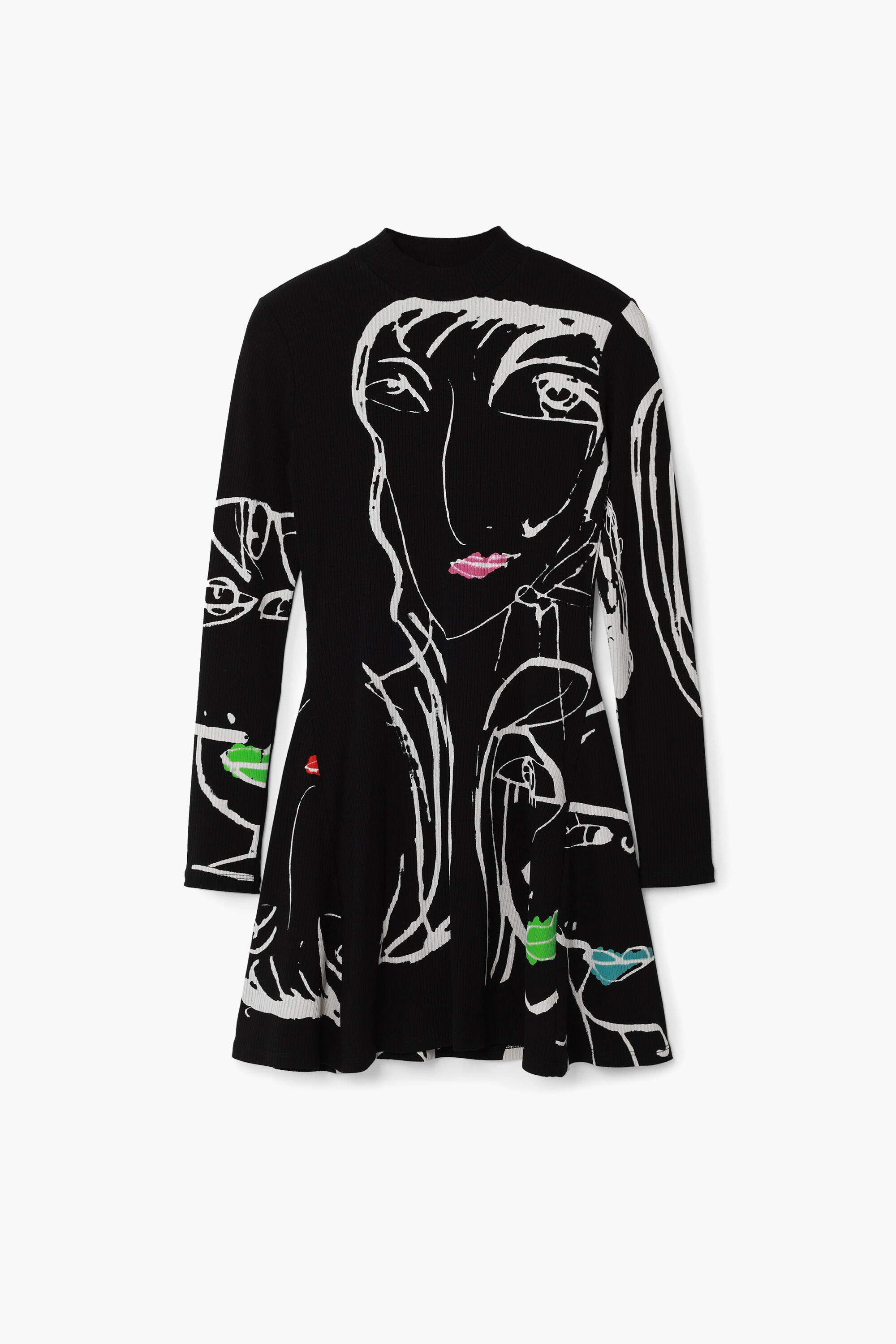 Desigual, Kleid mit Gesichtermuster, Viskose, Schwarz, L