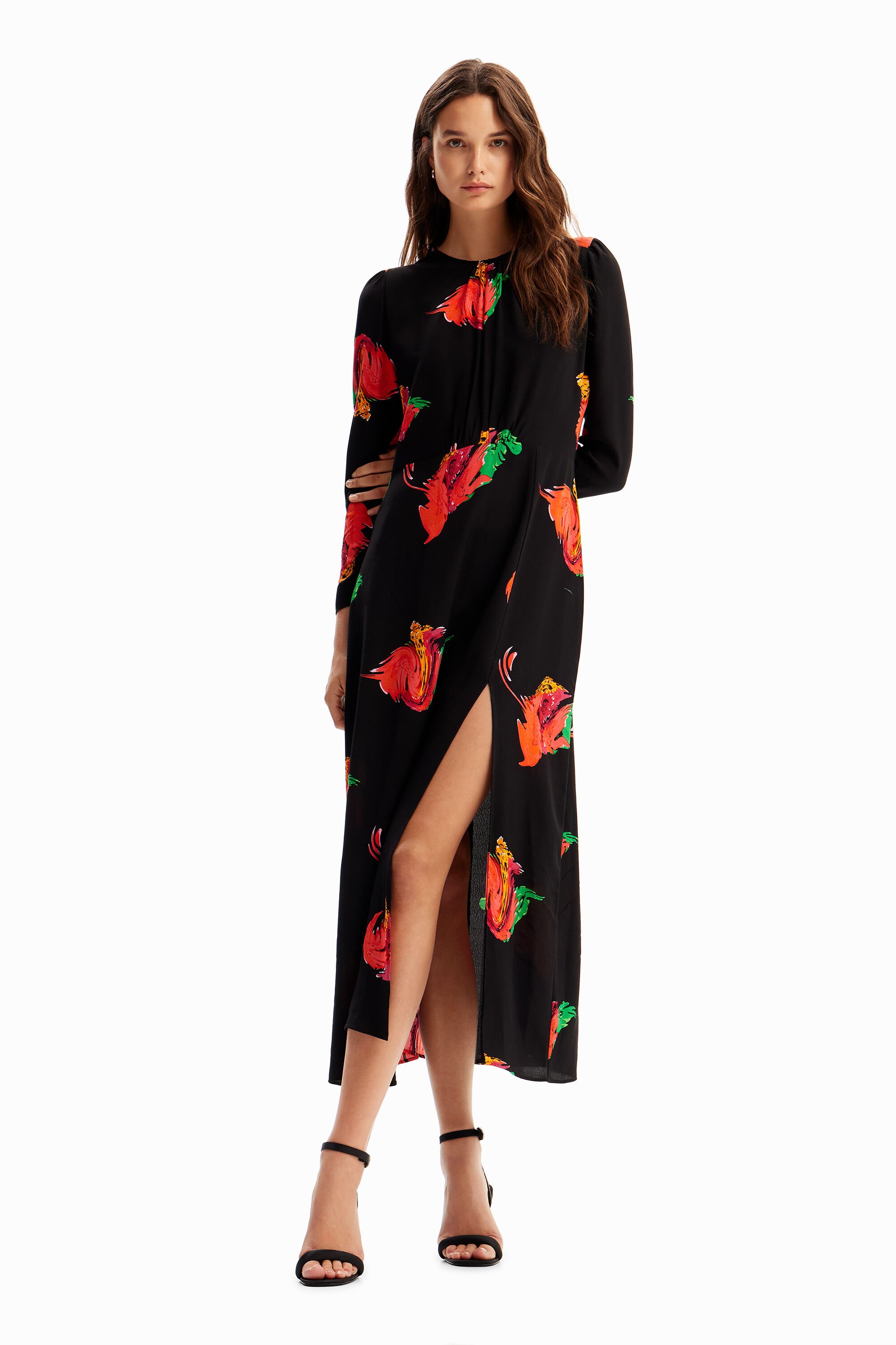 Long floral slit dress - BLACK - XS