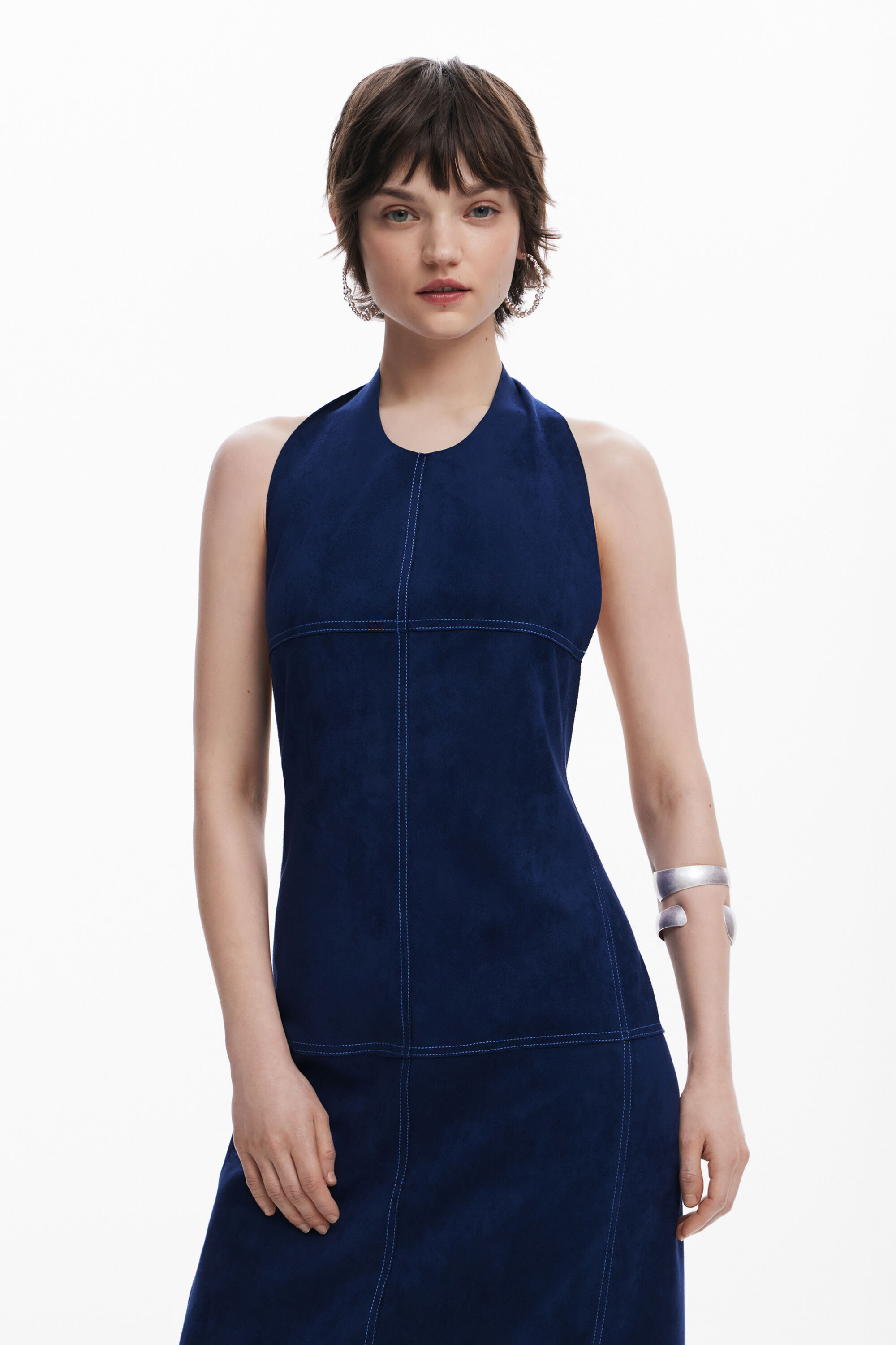 Desigual Open-back Suede Dress In Blue