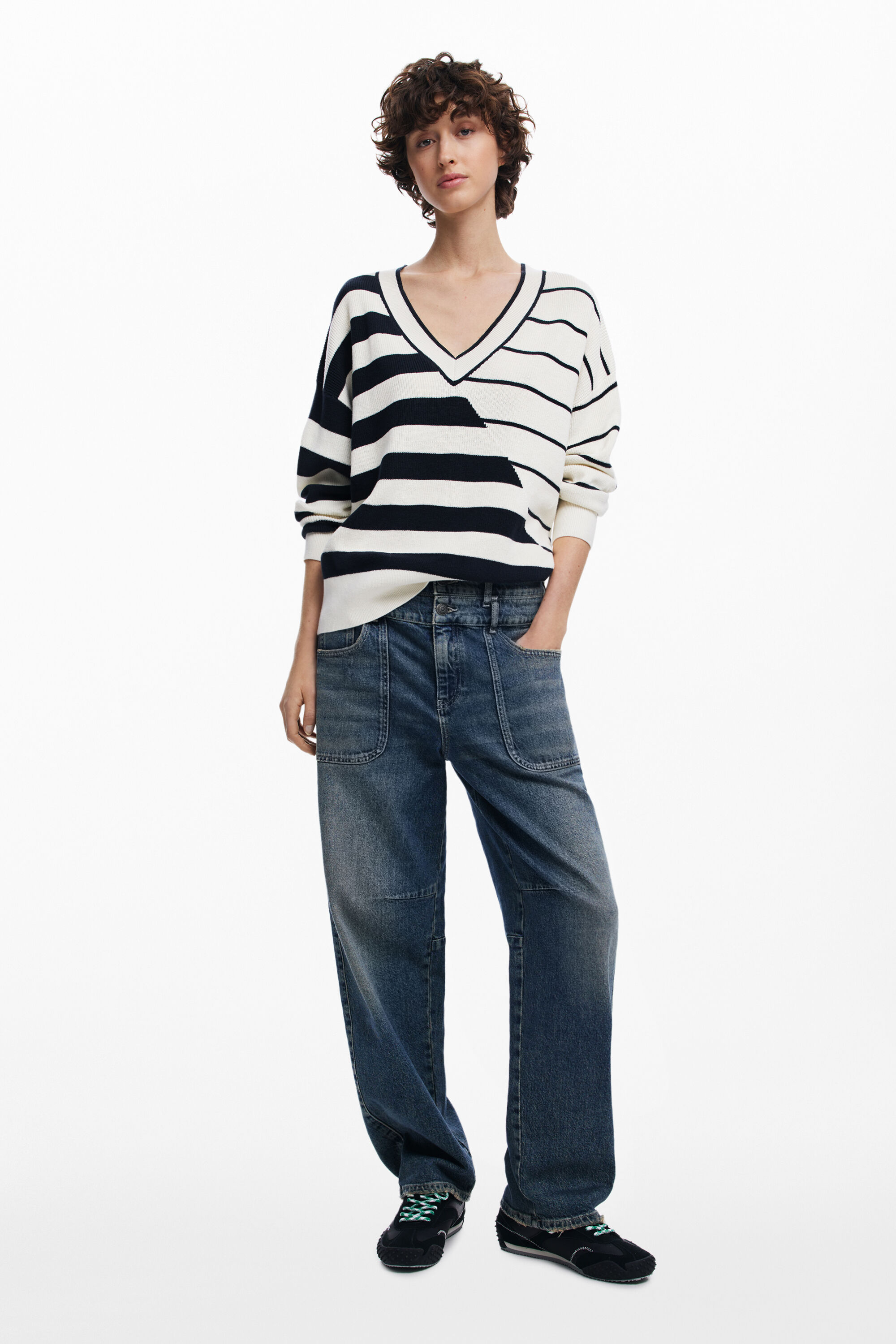 Desigual Variegated Stripe V-neck Sweater In White