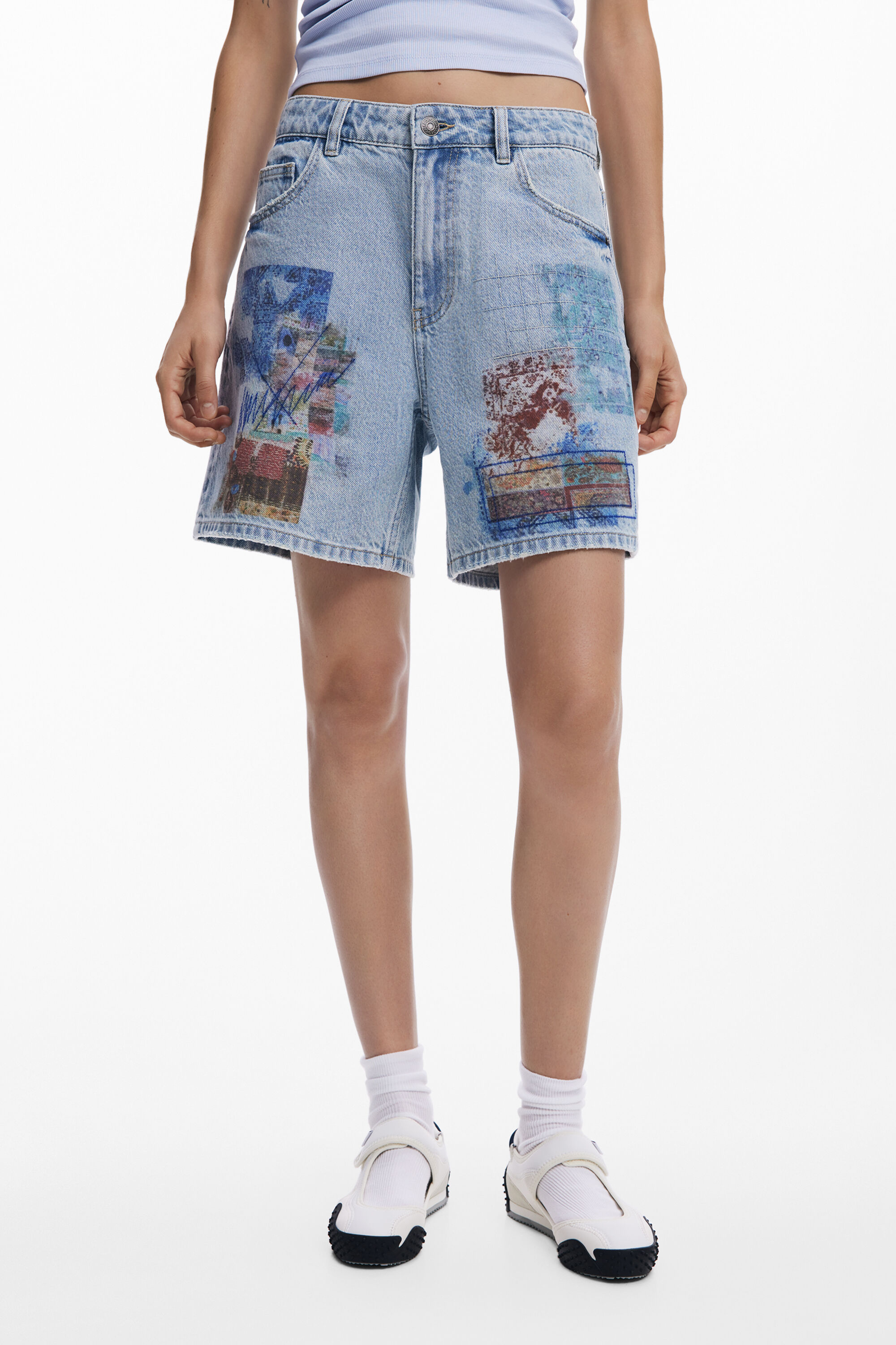 Shop Desigual Etnic Denim Bermuda Shorts In Blue