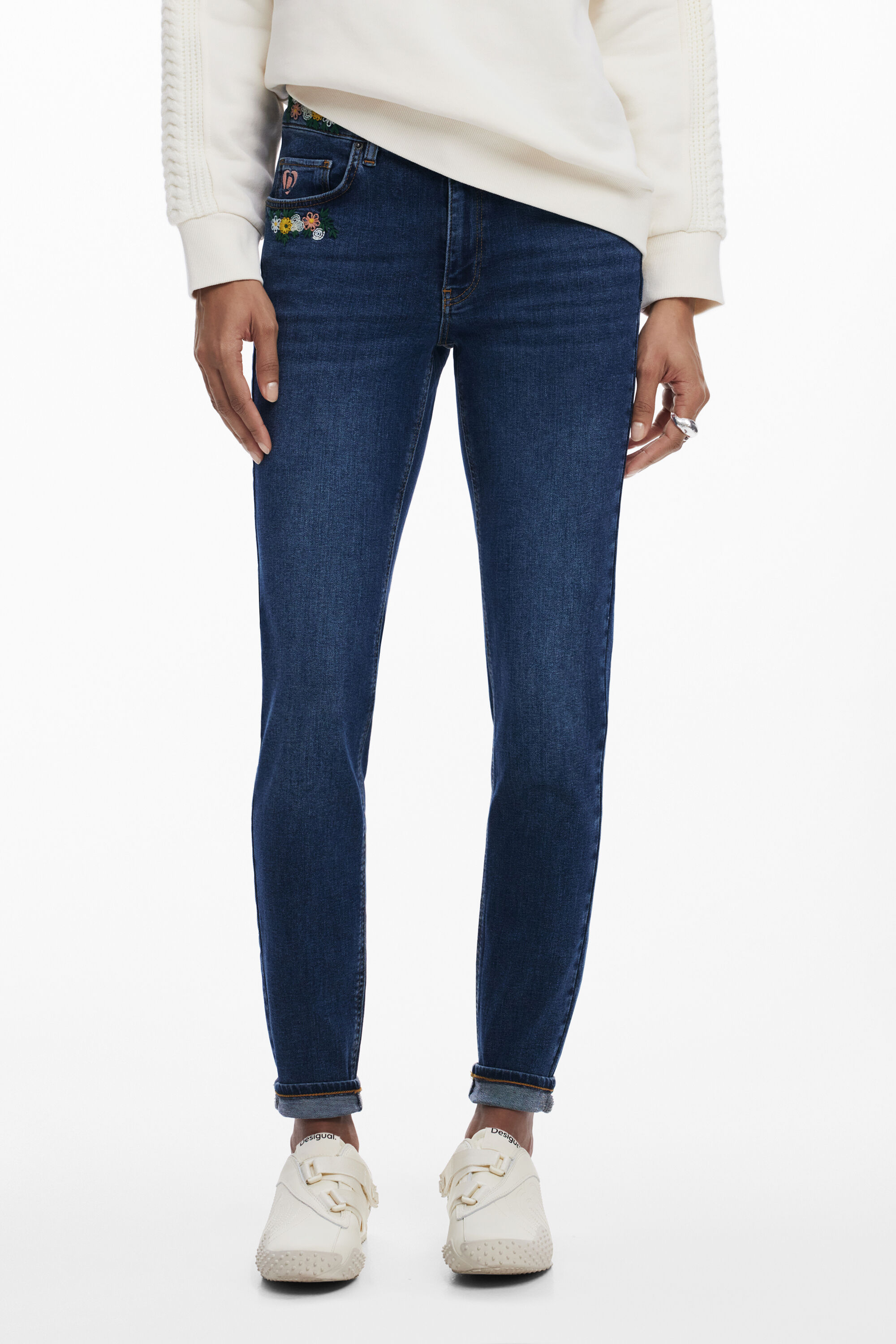 Desigual Floral Embroidered Slim Leg Jeans In Blue