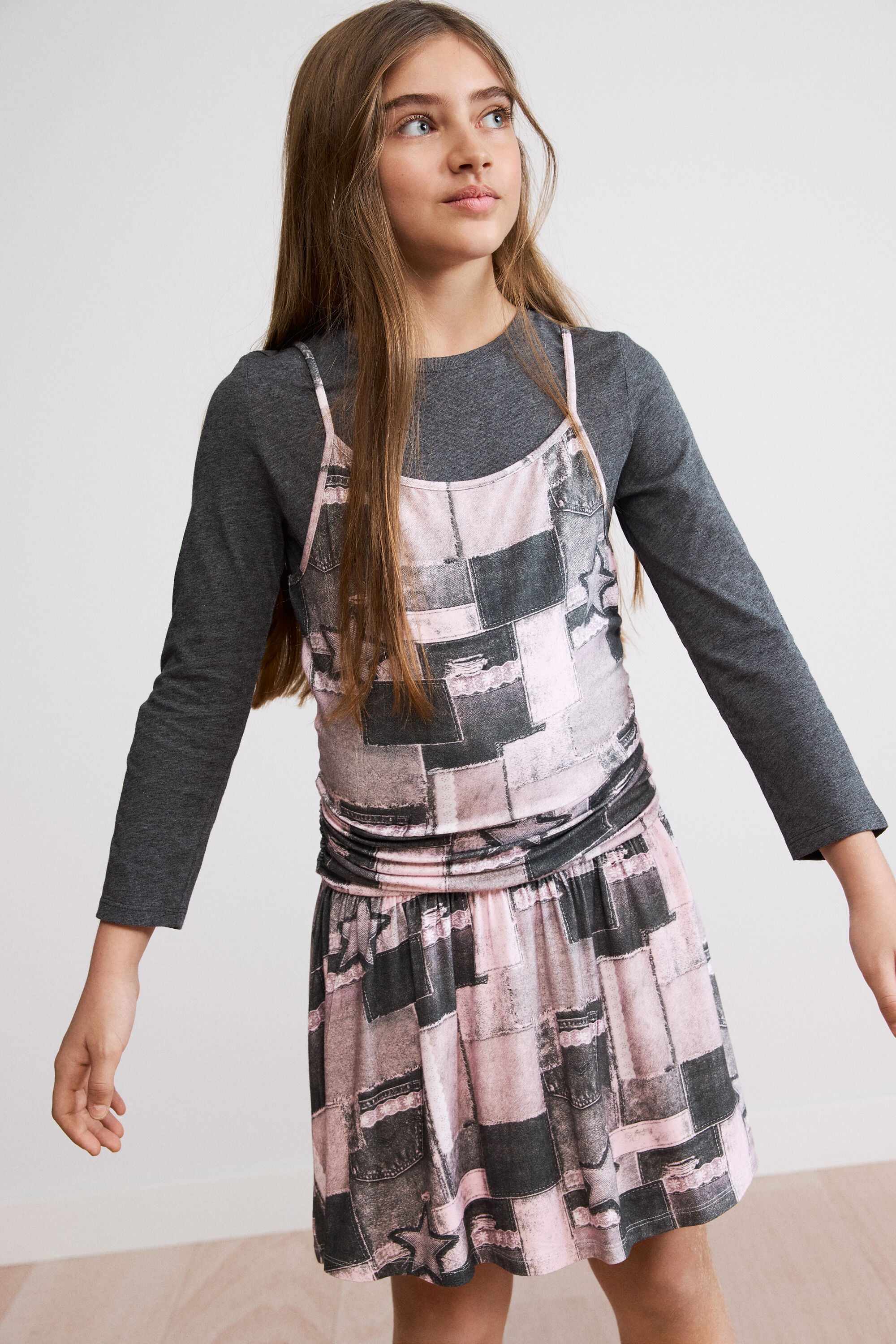 Vestido estampado denim patchwork