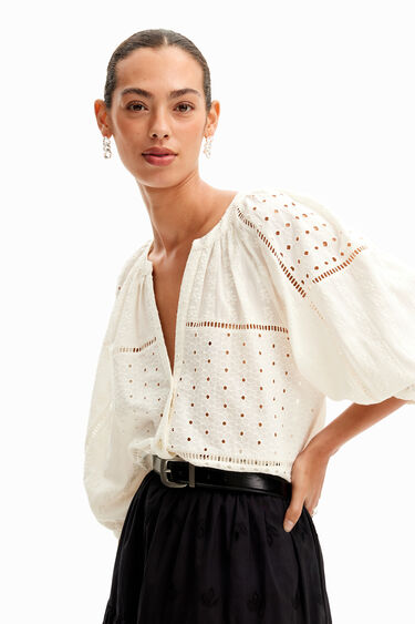 Blouse V-hals broderie anglaise | Desigual
