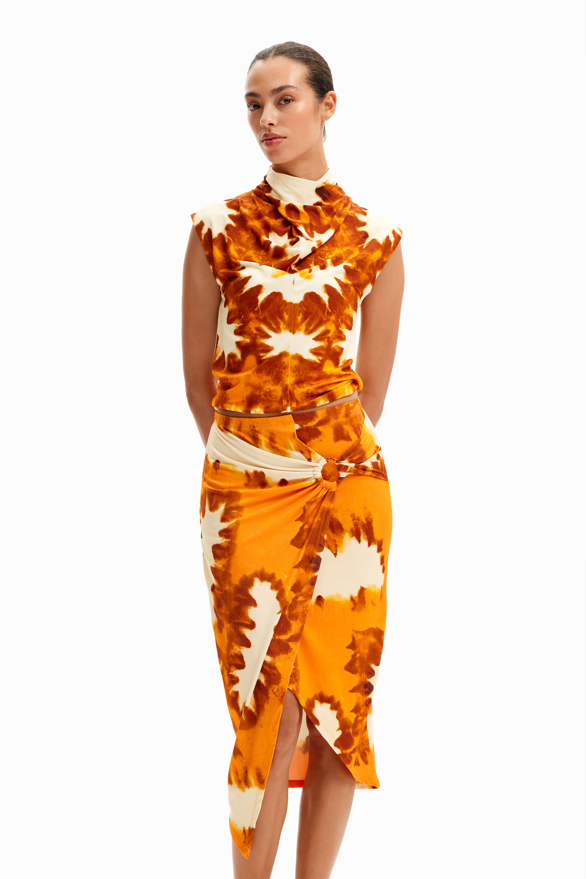 Shop Desigual Tie-dye Wrap Midi Skirt In Orange
