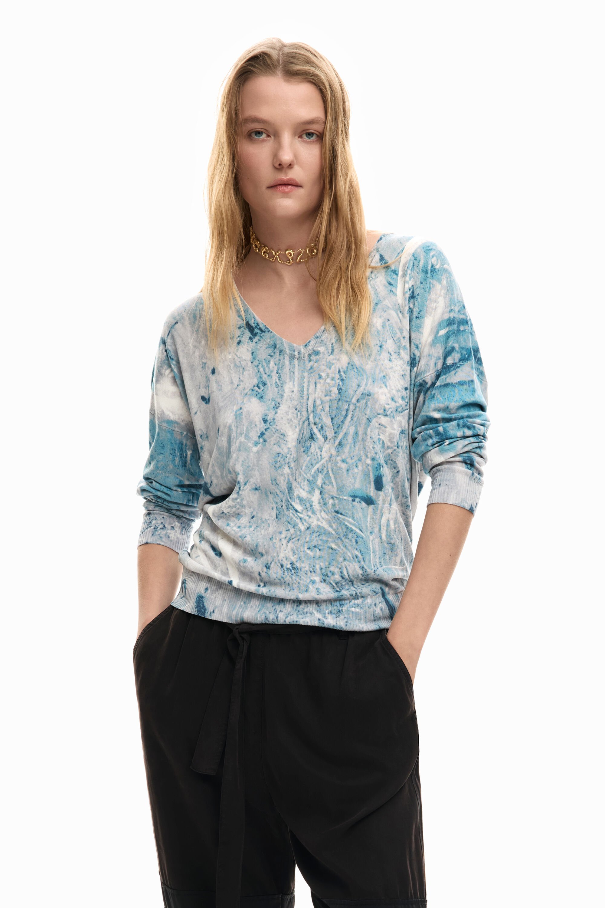 Desigual Abstracte print V-hals trui - BLUE